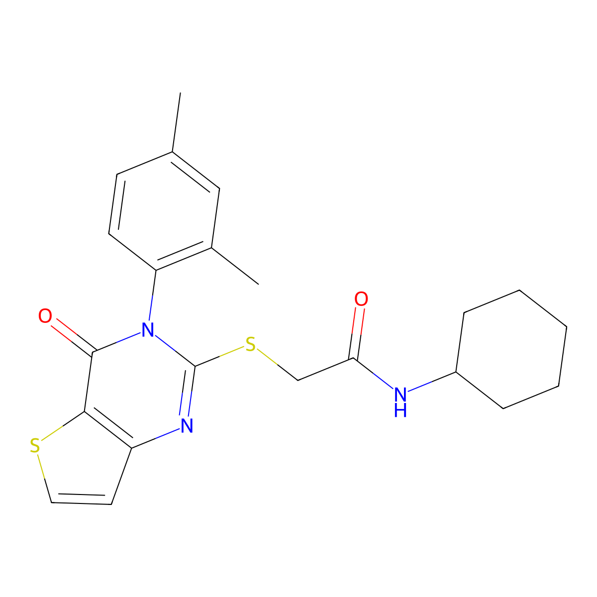 N-cyclohexyl-2-{[3-(2,4-dimethylphenyl)-4-oxo-3,4-dihydrothieno[3,2-d]pyrimidin-2-yl]sulfanyl}acetamide molecular structure, CAS 1260984-52-8