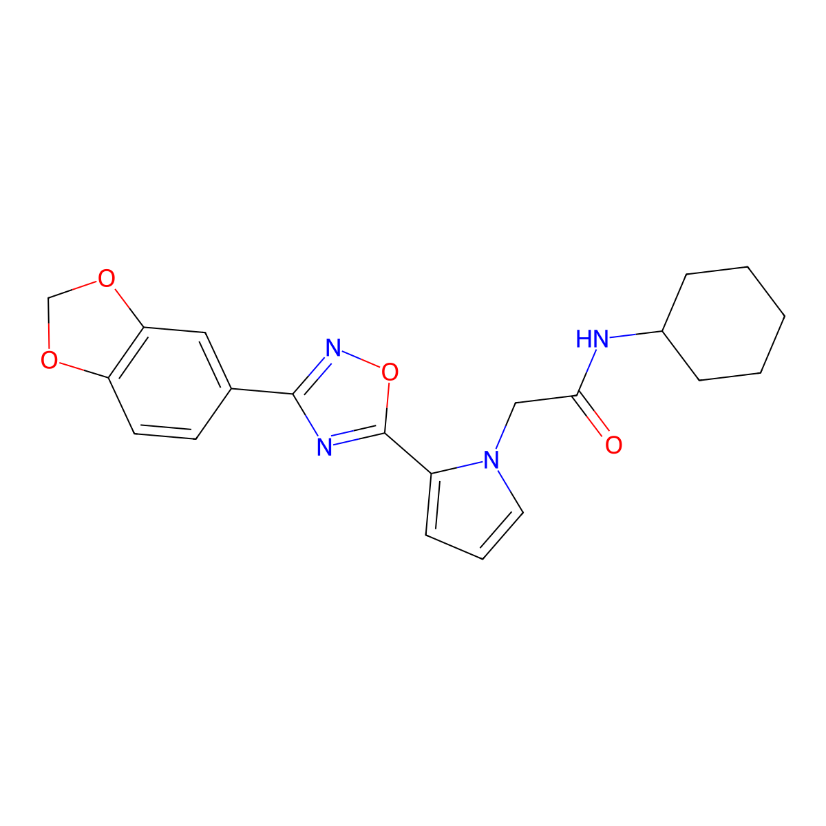 2-{2-[3-(1,3-benzodioxol-5-yl)-1,2,4-oxadiazol-5-yl]-1H-pyrrol-1-yl}-N-cyclohexylacetamide molecular structure, CAS 1260984-55-1