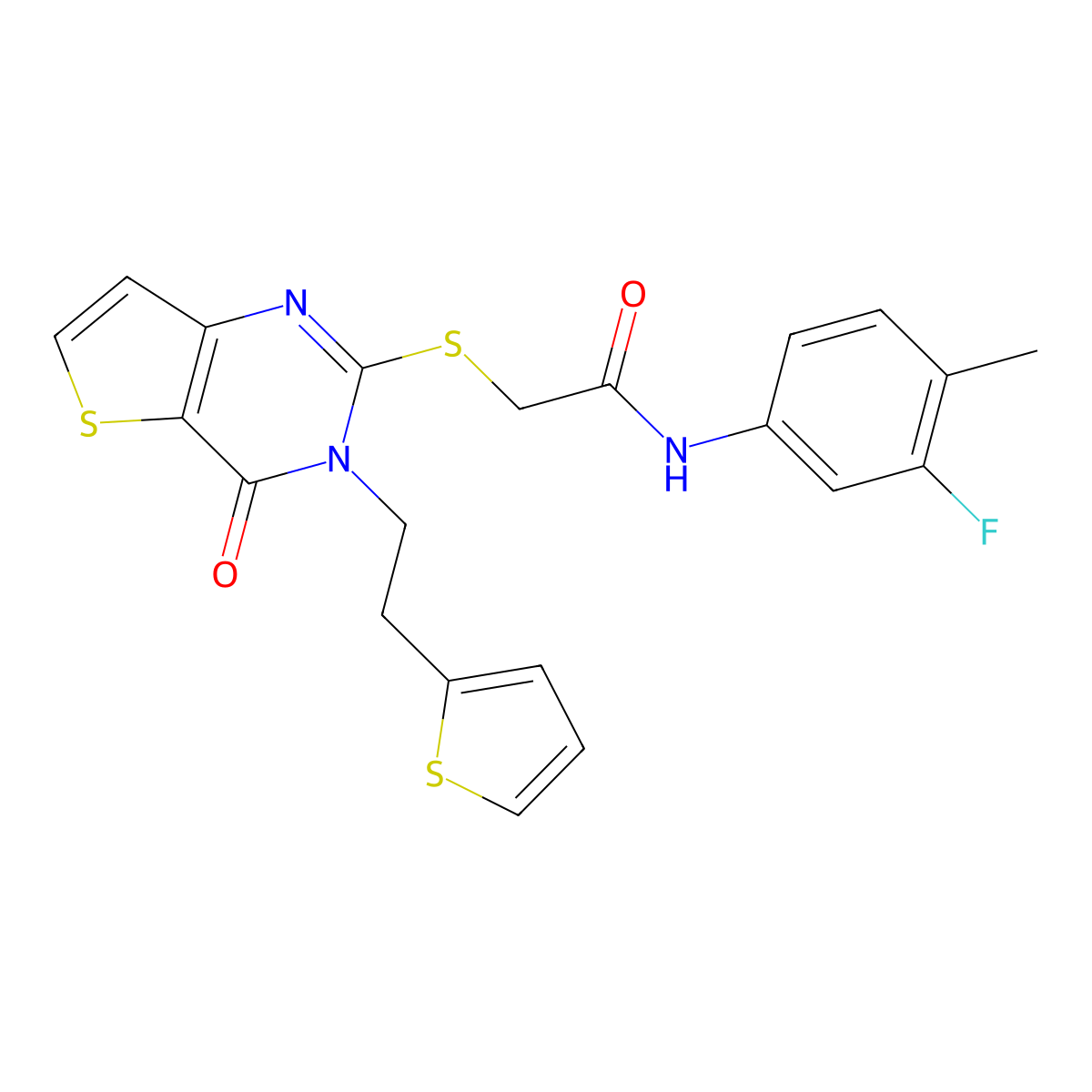 N-(3-fluoro-4-methylphenyl)-2-({4-oxo-3-[2-(thiophen-2-yl)ethyl]-3,4-dihydrothieno[3,2-d]pyrimidin-2-yl}sulfanyl)acetamide molecular structure, CAS 1260985-17-8