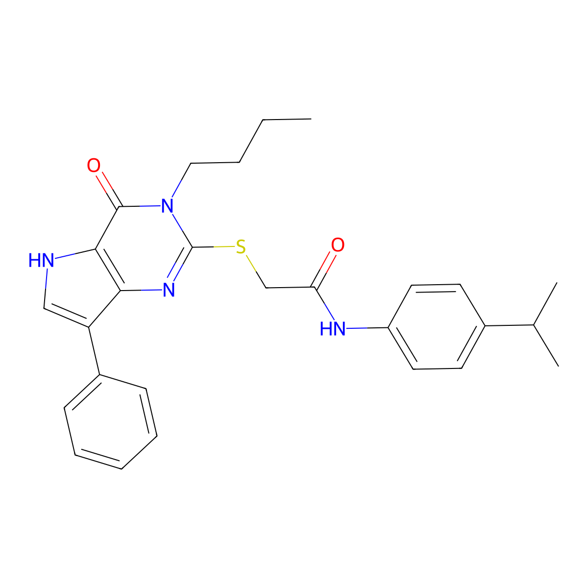 2-[(3-butyl-4-oxo-7-phenyl-4,5-dihydro-3H-pyrrolo[3,2-d]pyrimidin-2-yl)sulfanyl]-N-[4-(propan-2-yl)phenyl]acetamide molecular structure, CAS 1260989-02-3