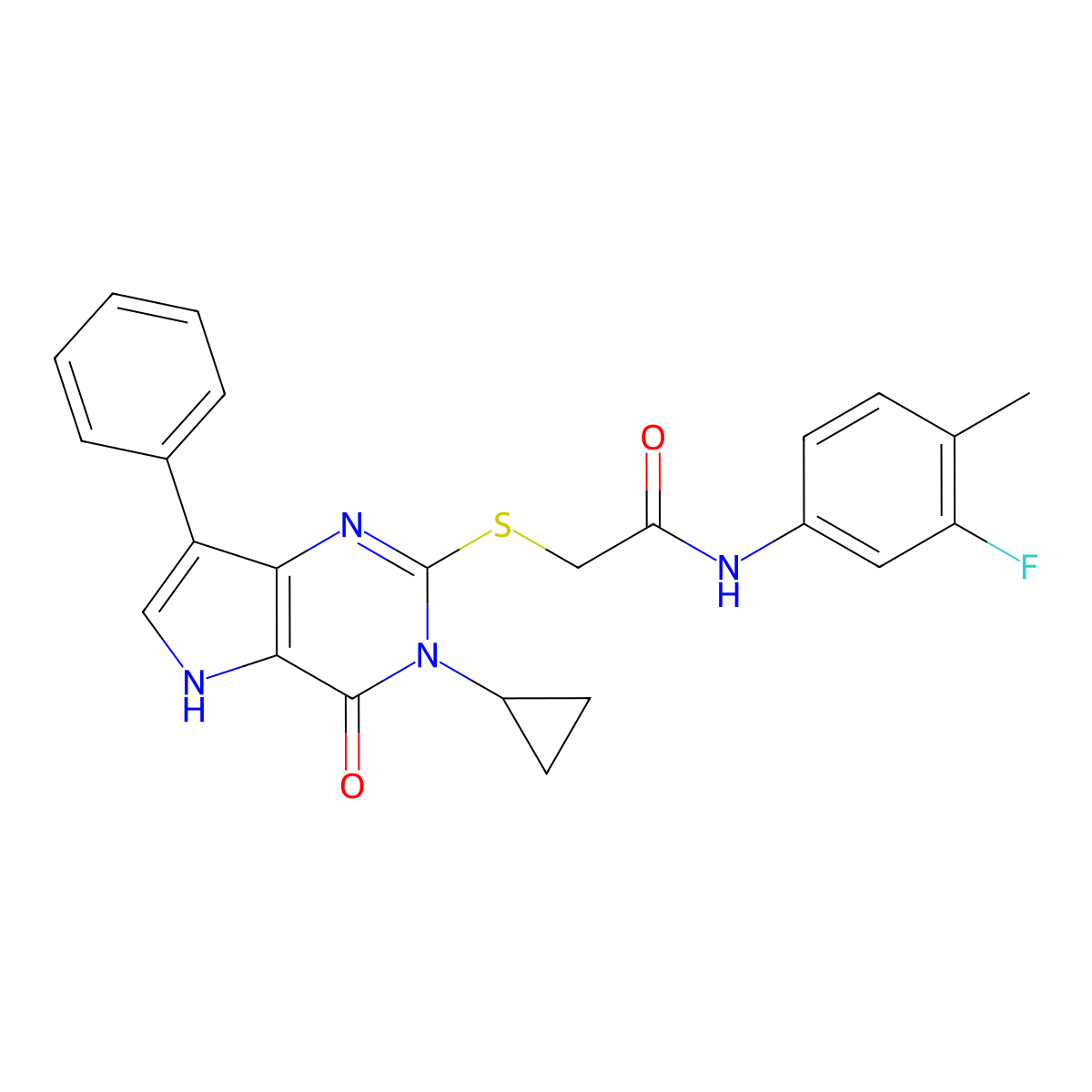 2-((3-cyclopropyl-4-oxo-7-phenyl-4,5-dihydro-3H-pyrrolo[3,2-d]pyrimidin-2-yl)thio)-N-(3-fluoro-4-methylphenyl)acetamide molecular structure, CAS 1260989-21-6