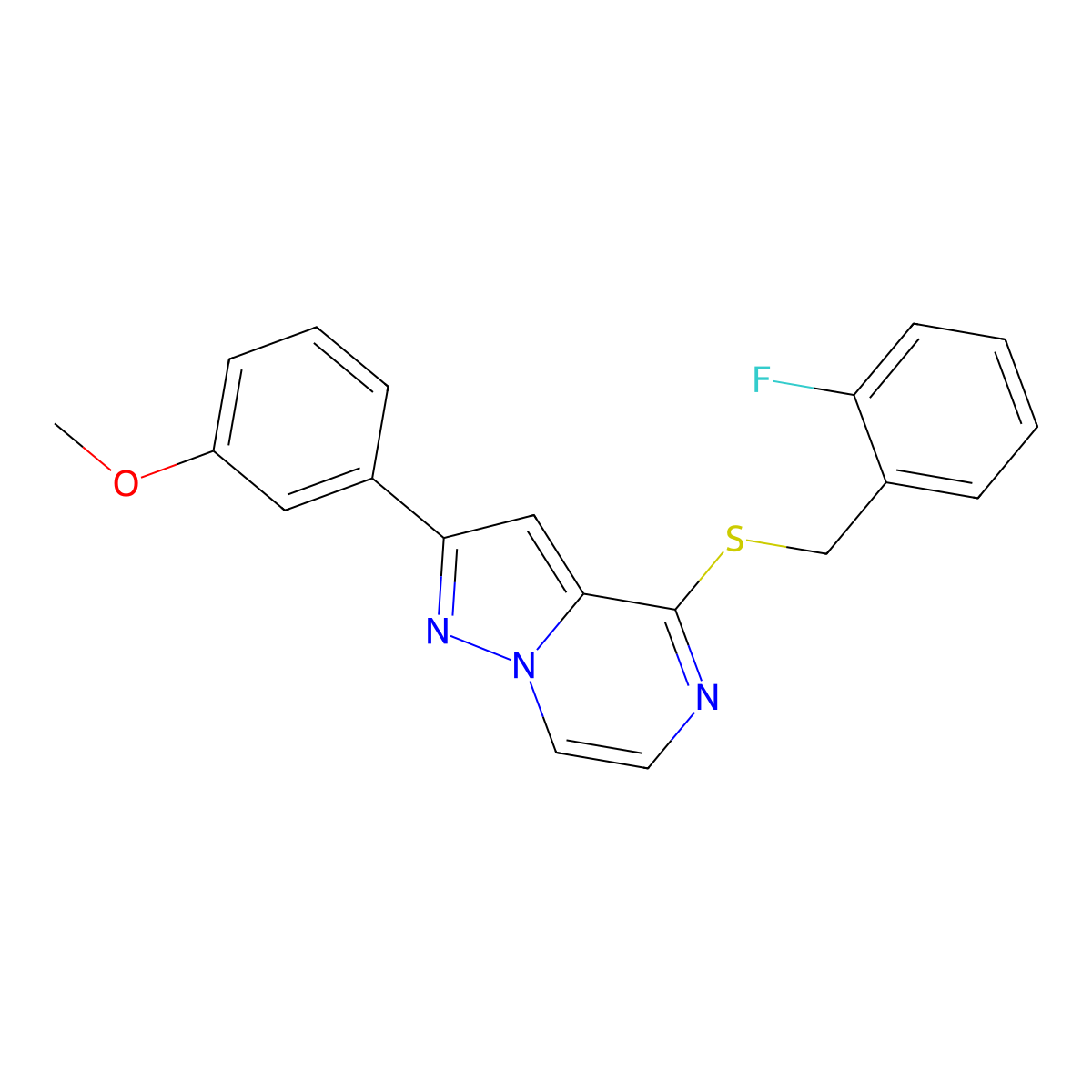 4-[(2-Fluorobenzyl)thio]-2-(3-methoxyphenyl)pyrazolo[1,5-a]pyrazine molecular structure, CAS 1260989-24-9