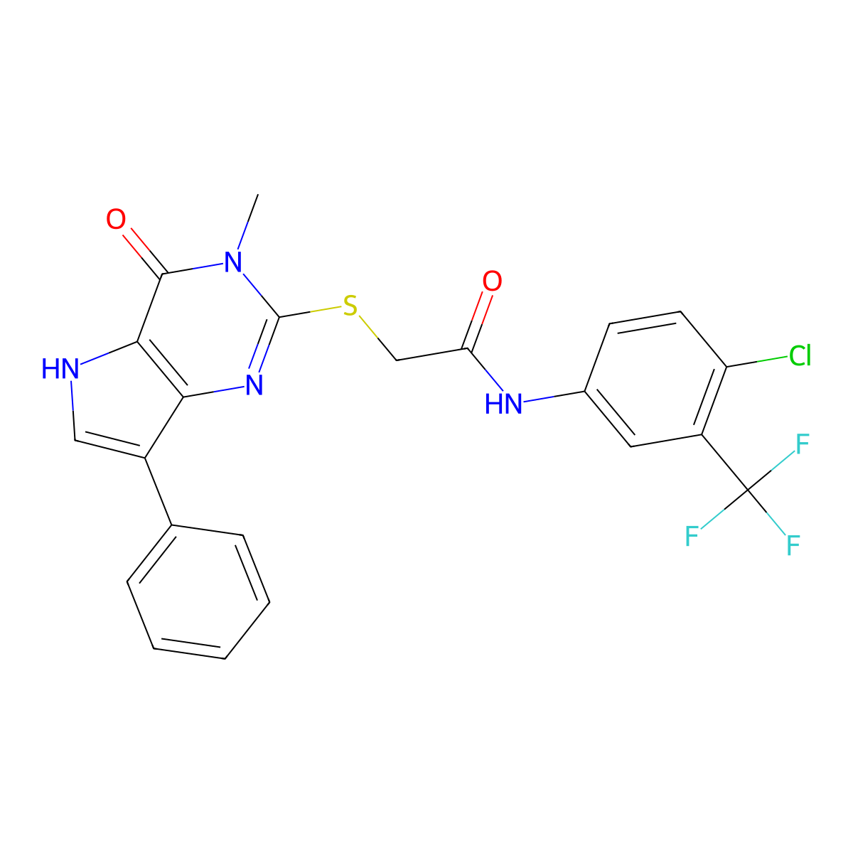 N-(4-chloro-3-(trifluoromethyl)phenyl)-2-((3-methyl-4-oxo-7-phenyl-4,5-dihydro-3H-pyrrolo[3,2-d]pyrimidin-2-yl)thio)acetamide molecular structure, CAS 1260990-19-9
