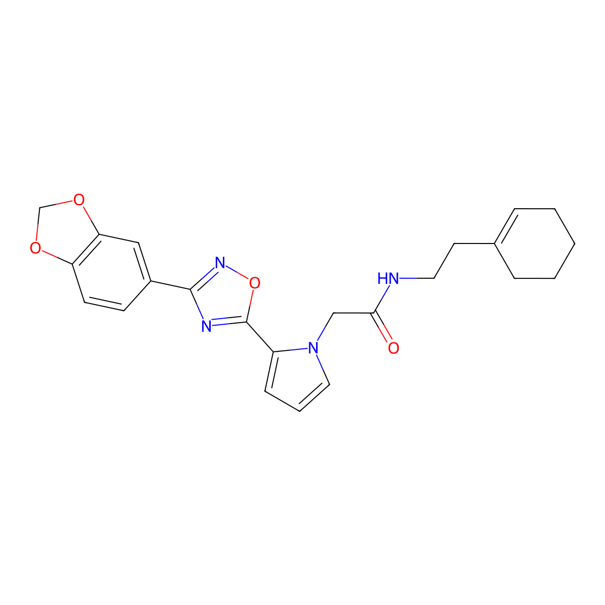 2-{2-[3-(1,3-benzodioxol-5-yl)-1,2,4-oxadiazol-5-yl]-1H-pyrrol-1-yl}-N-[2-(1-cyclohexenyl)ethyl]acetamide molecular structure, CAS 1260990-62-2