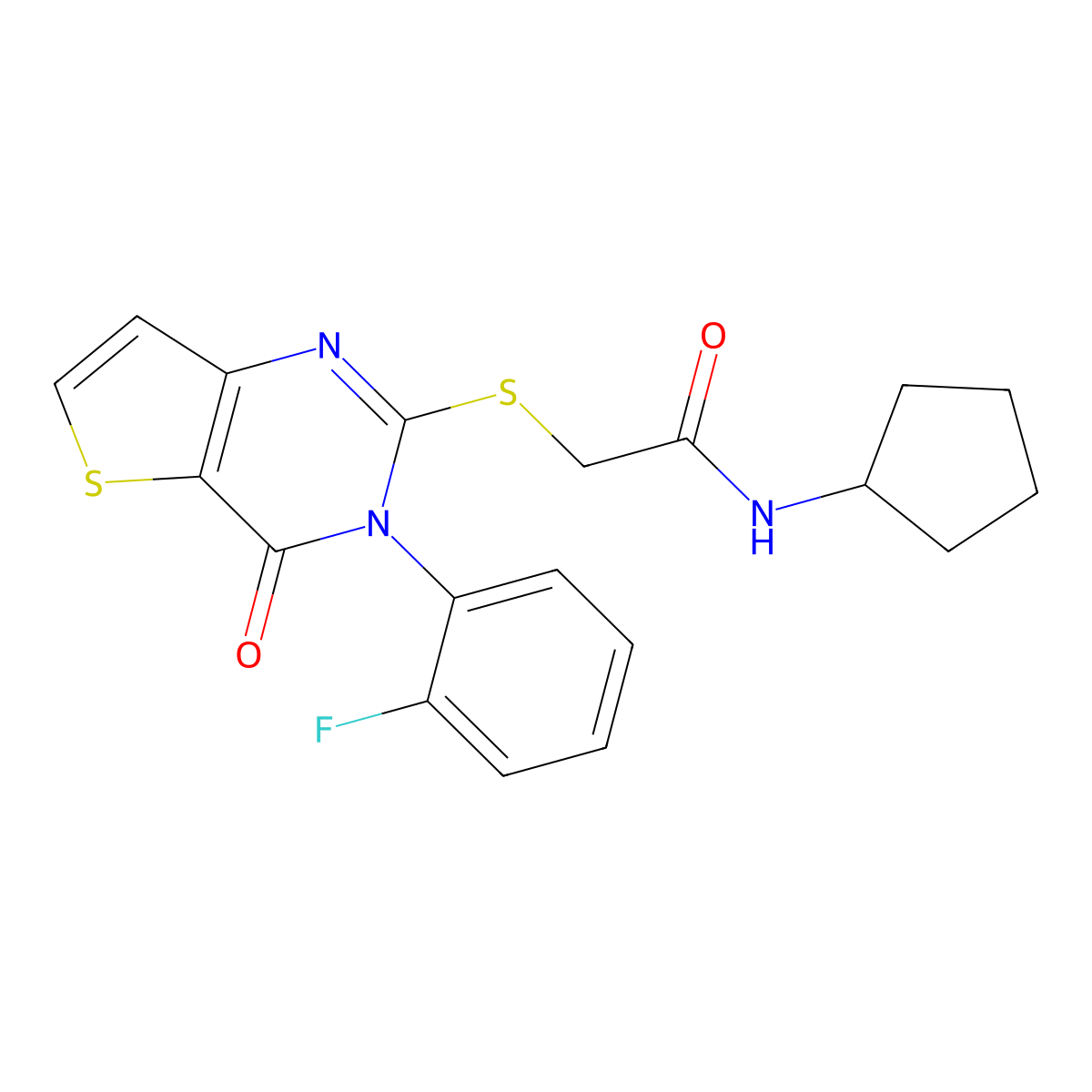N-cyclopentyl-2-{[3-(2-fluorophenyl)-4-oxo-3,4-dihydrothieno[3,2-d]pyrimidin-2-yl]sulfanyl}acetamide molecular structure, CAS 1260991-98-7