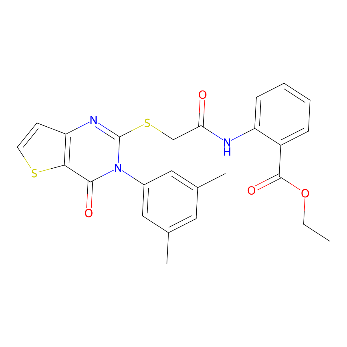 Ethyl 2-[({[3-(3,5-dimethylphenyl)-4-oxo-3,4-dihydrothieno[3,2-d]pyrimidin-2-yl]sulfanyl}acetyl)amino]benzoate molecular structure, CAS 1260992-50-4