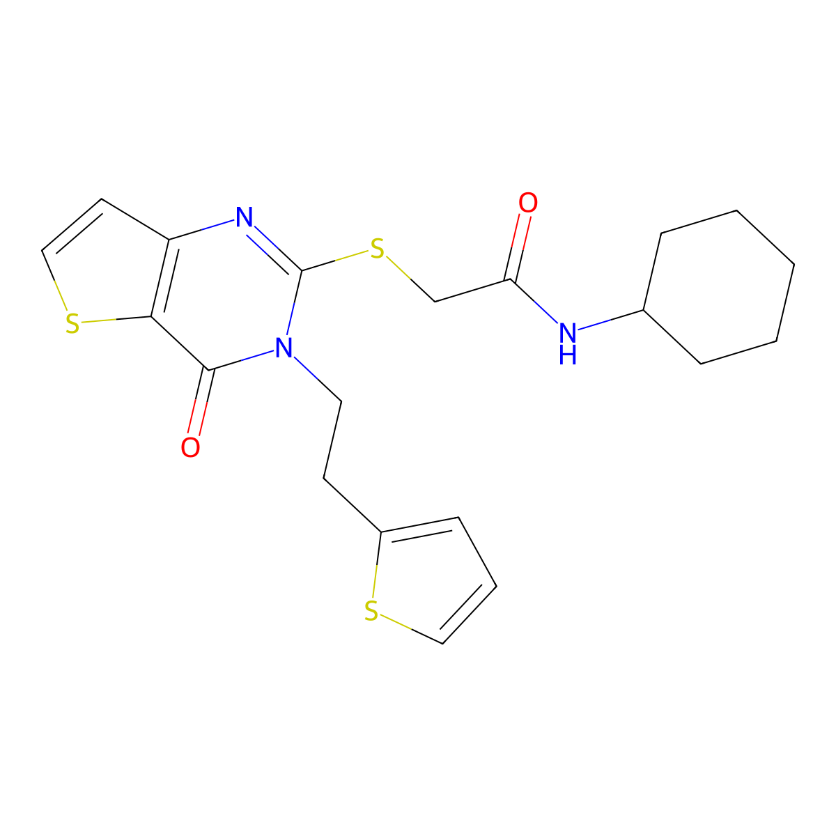 N-cyclohexyl-2-({4-oxo-3-[2-(thiophen-2-yl)ethyl]-3,4-dihydrothieno[3,2-d]pyrimidin-2-yl}sulfanyl)acetamide molecular structure, CAS 1260995-47-8