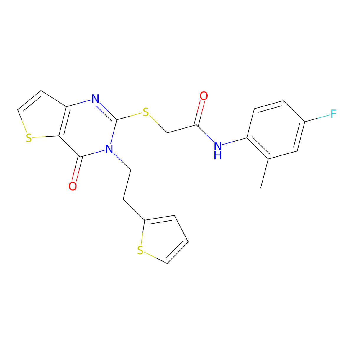 N-(4-fluoro-2-methylphenyl)-2-({4-oxo-3-[2-(thiophen-2-yl)ethyl]-3,4-dihydrothieno[3,2-d]pyrimidin-2-yl}sulfanyl)acetamide molecular structure, CAS 1260999-36-7