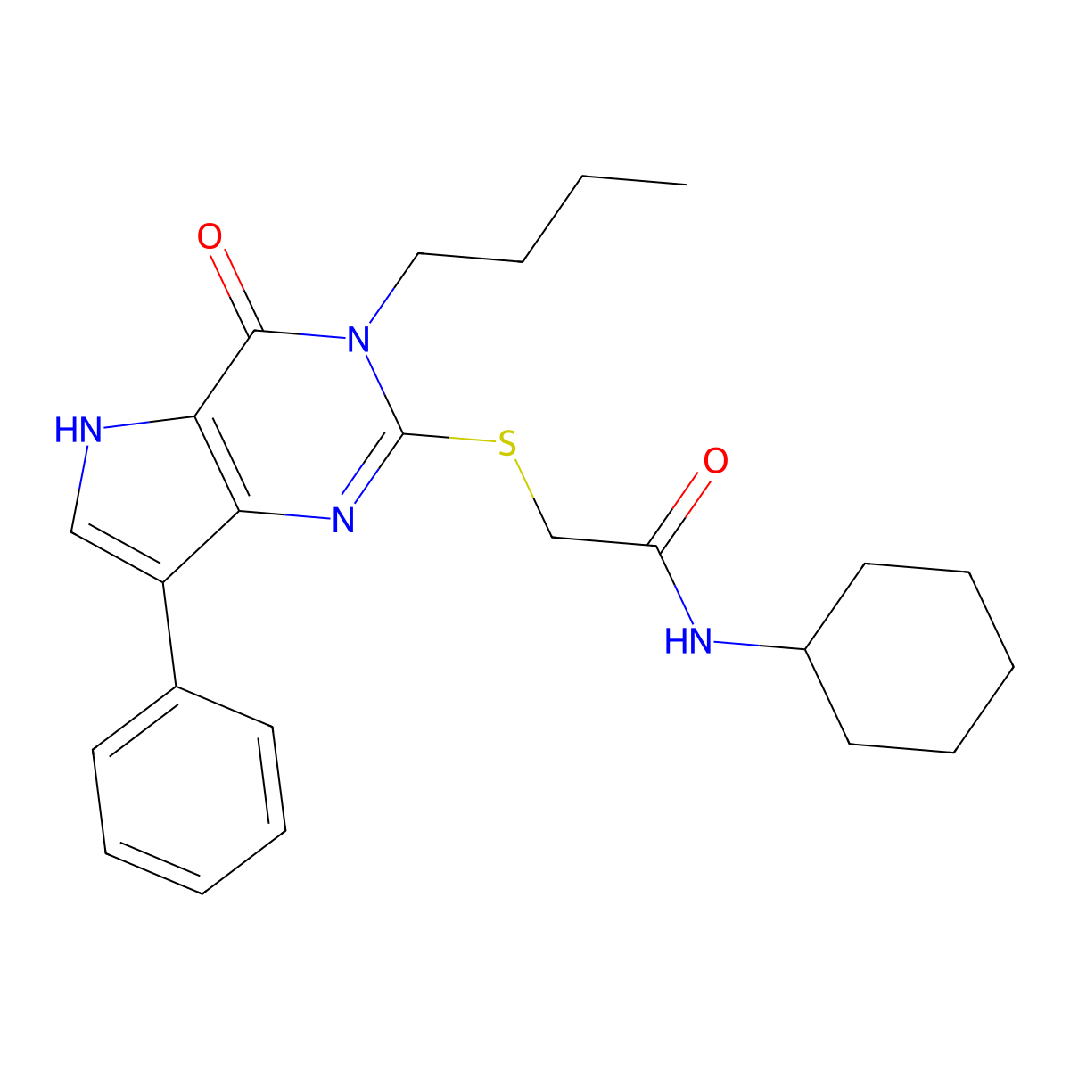 2-((3-butyl-4-oxo-7-phenyl-4,5-dihydro-3H-pyrrolo[3,2-d]pyrimidin-2-yl)thio)-N-cyclohexylacetamide molecular structure, CAS 1260999-77-6