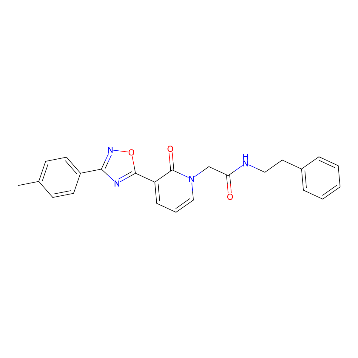 2-[3-[3-(4-methylphenyl)-1,2,4-oxadiazol-5-yl]-2-oxopyridin-1(2H)-yl]-N-(2-phenylethyl)acetamide molecular structure, CAS 1261001-70-0
