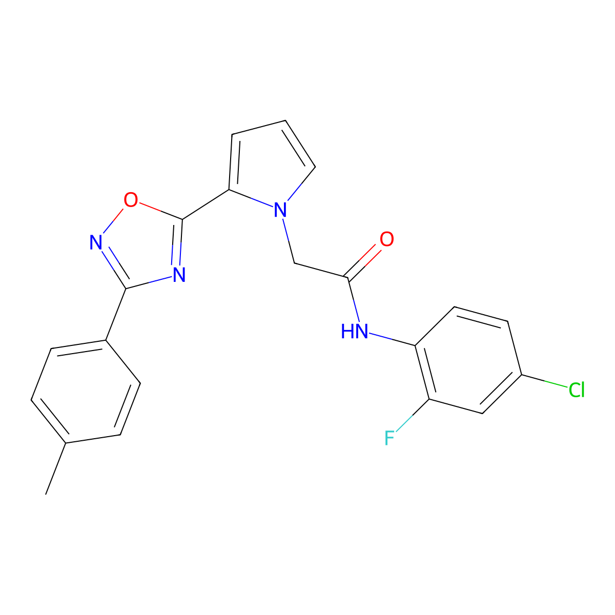 N-(4-chloro-2-fluorophenyl)-2-{2-[3-(4-methylphenyl)-1,2,4-oxadiazol-5-yl]-1H-pyrrol-1-yl}acetamide molecular structure, CAS 1261002-25-8