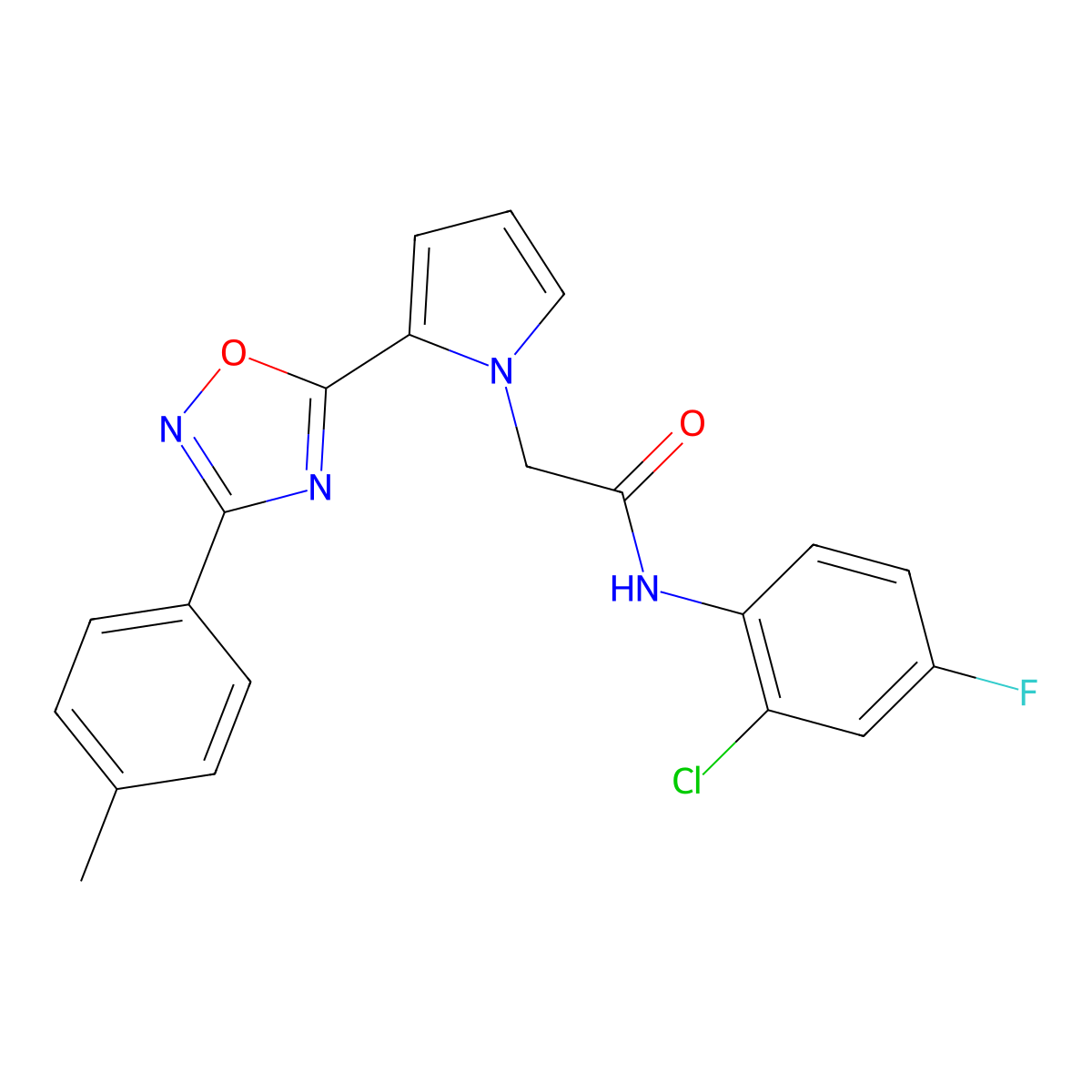 N-(2-chloro-4-fluorophenyl)-2-{2-[3-(4-methylphenyl)-1,2,4-oxadiazol-5-yl]-1H-pyrrol-1-yl}acetamide molecular structure, CAS 1261004-16-3
