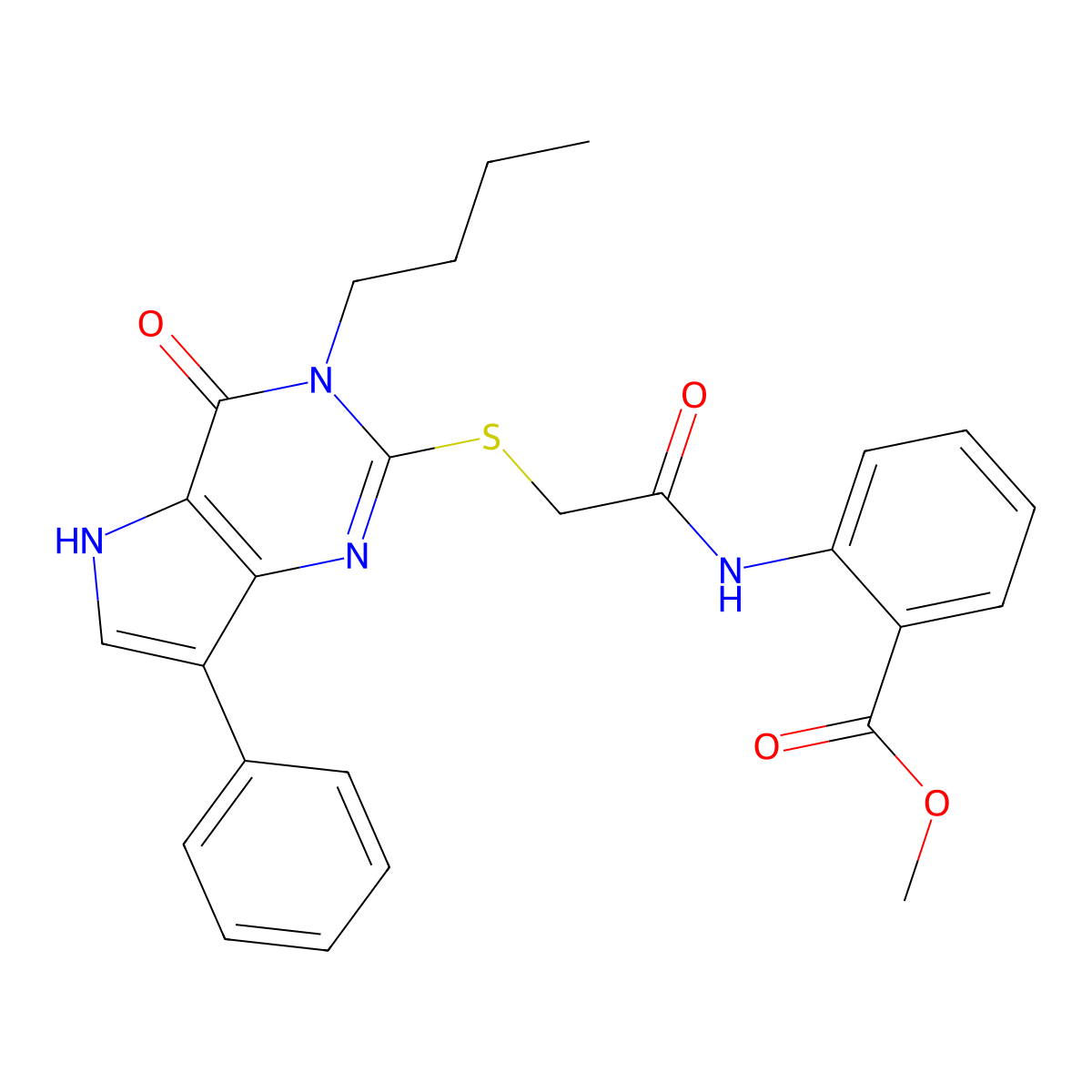methyl 2-(2-((3-butyl-4-oxo-7-phenyl-4,5-dihydro-3H-pyrrolo[3,2-d]pyrimidin-2-yl)thio)acetamido)benzoate molecular structure, CAS 1261005-62-2