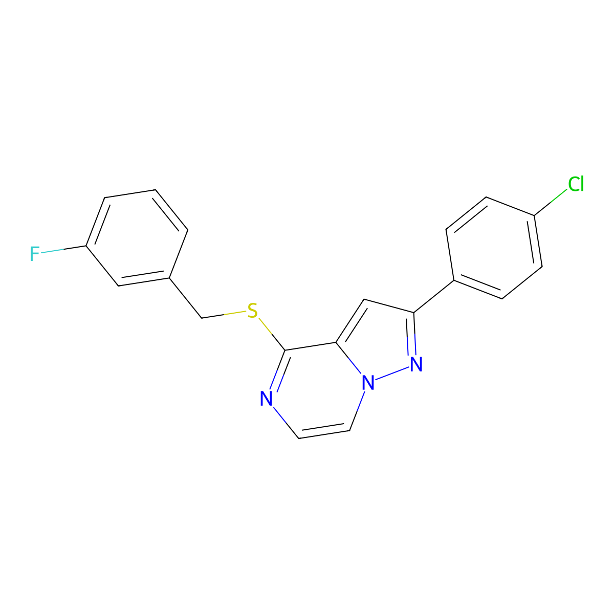 2-(4-Chlorophenyl)-4-[(3-fluorobenzyl)thio]pyrazolo[1,5-a]pyrazine molecular structure, CAS 1261005-64-4