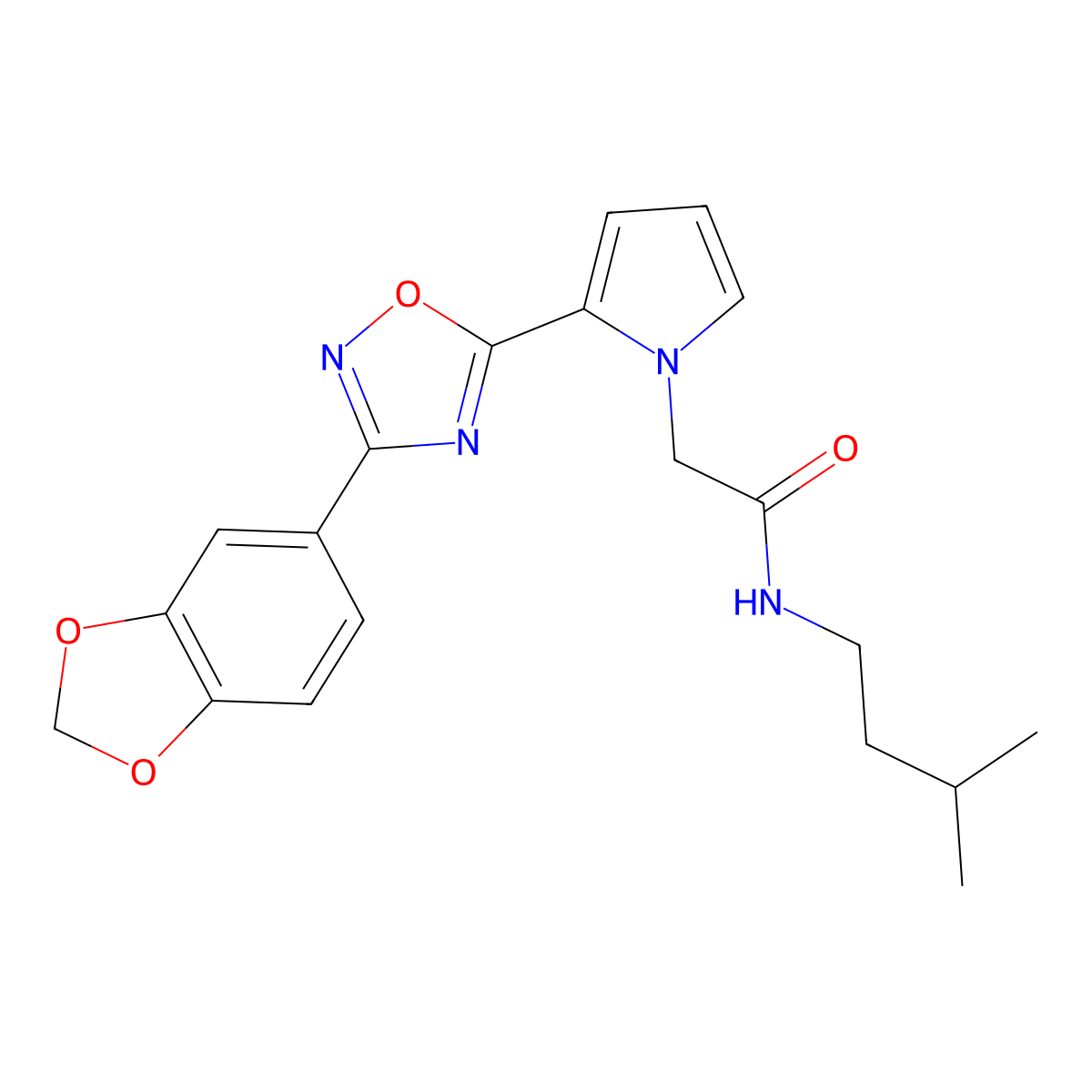 2-{2-[3-(1,3-benzodioxol-5-yl)-1,2,4-oxadiazol-5-yl]-1H-pyrrol-1-yl}-N-(3-methylbutyl)acetamide molecular structure, CAS 1261008-92-7