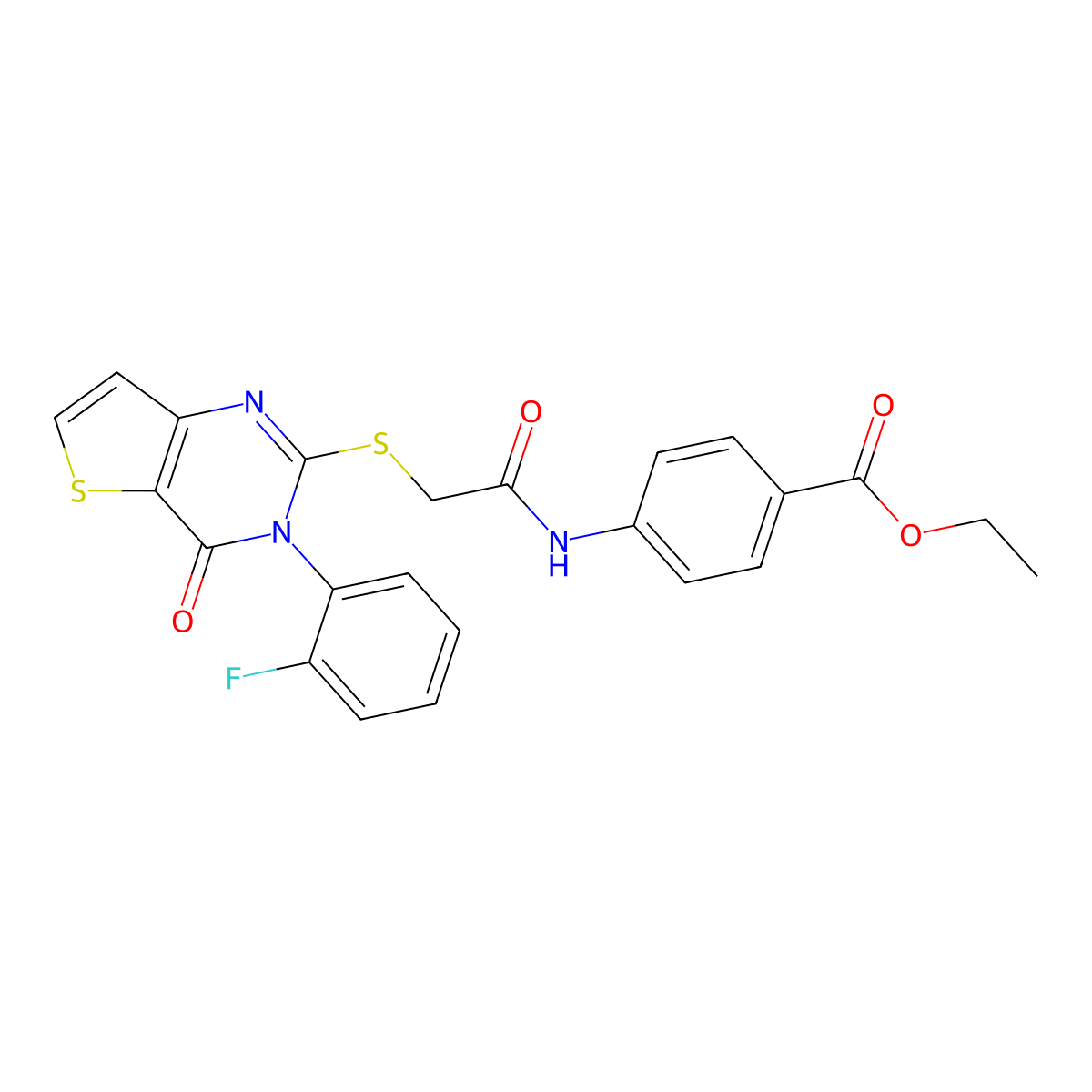 Ethyl 4-[({[3-(2-fluorophenyl)-4-oxo-3,4-dihydrothieno[3,2-d]pyrimidin-2-yl]sulfanyl}acetyl)amino]benzoate molecular structure, CAS 1261009-06-6