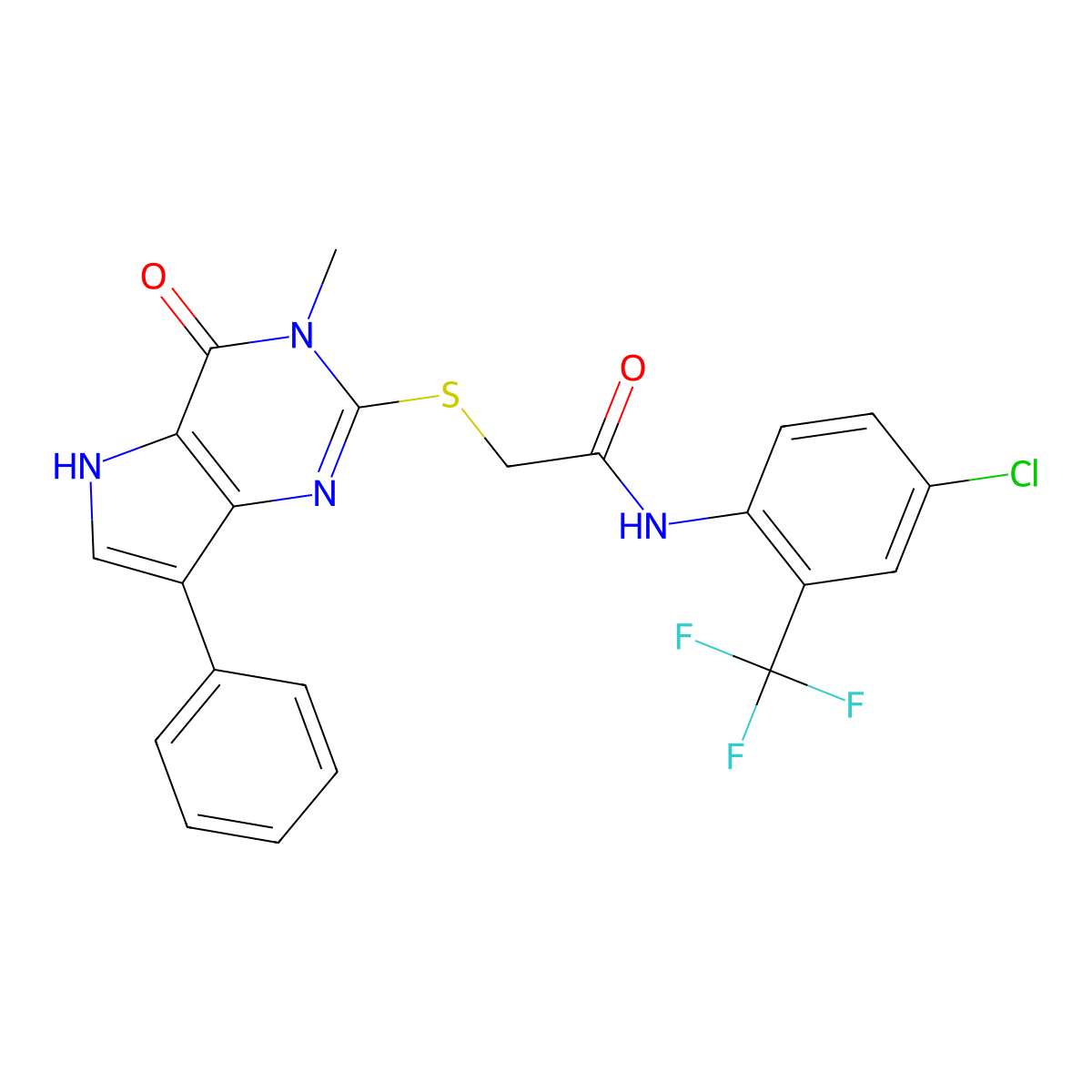 N-(4-chloro-2-(trifluoromethyl)phenyl)-2-((3-methyl-4-oxo-7-phenyl-4,5-dihydro-3H-pyrrolo[3,2-d]pyrimidin-2-yl)thio)acetamide molecular structure, CAS 1261009-30-6