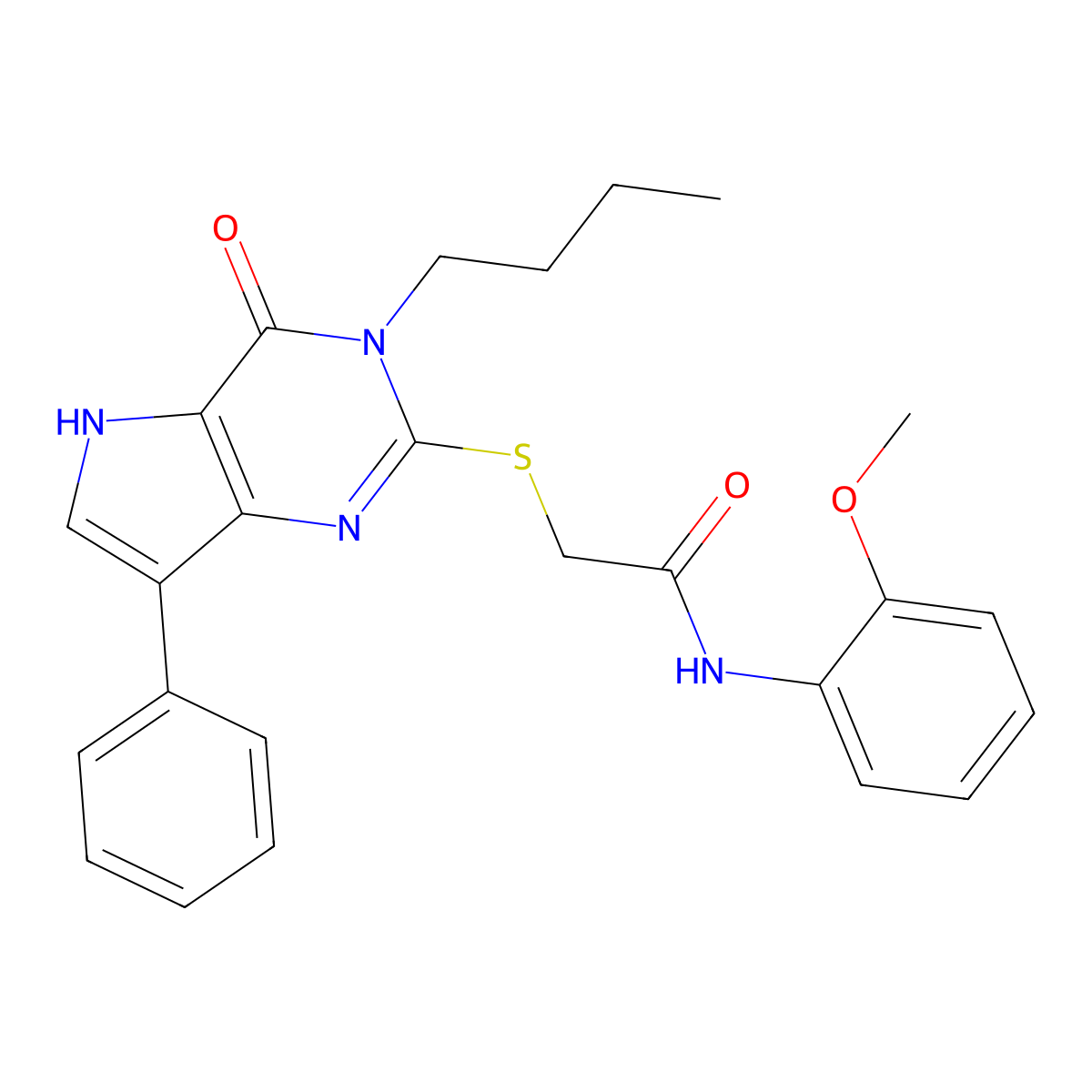 2-((3-butyl-4-oxo-7-phenyl-4,5-dihydro-3H-pyrrolo[3,2-d]pyrimidin-2-yl)thio)-N-(2-methoxyphenyl)acetamide molecular structure, CAS 1261010-76-7