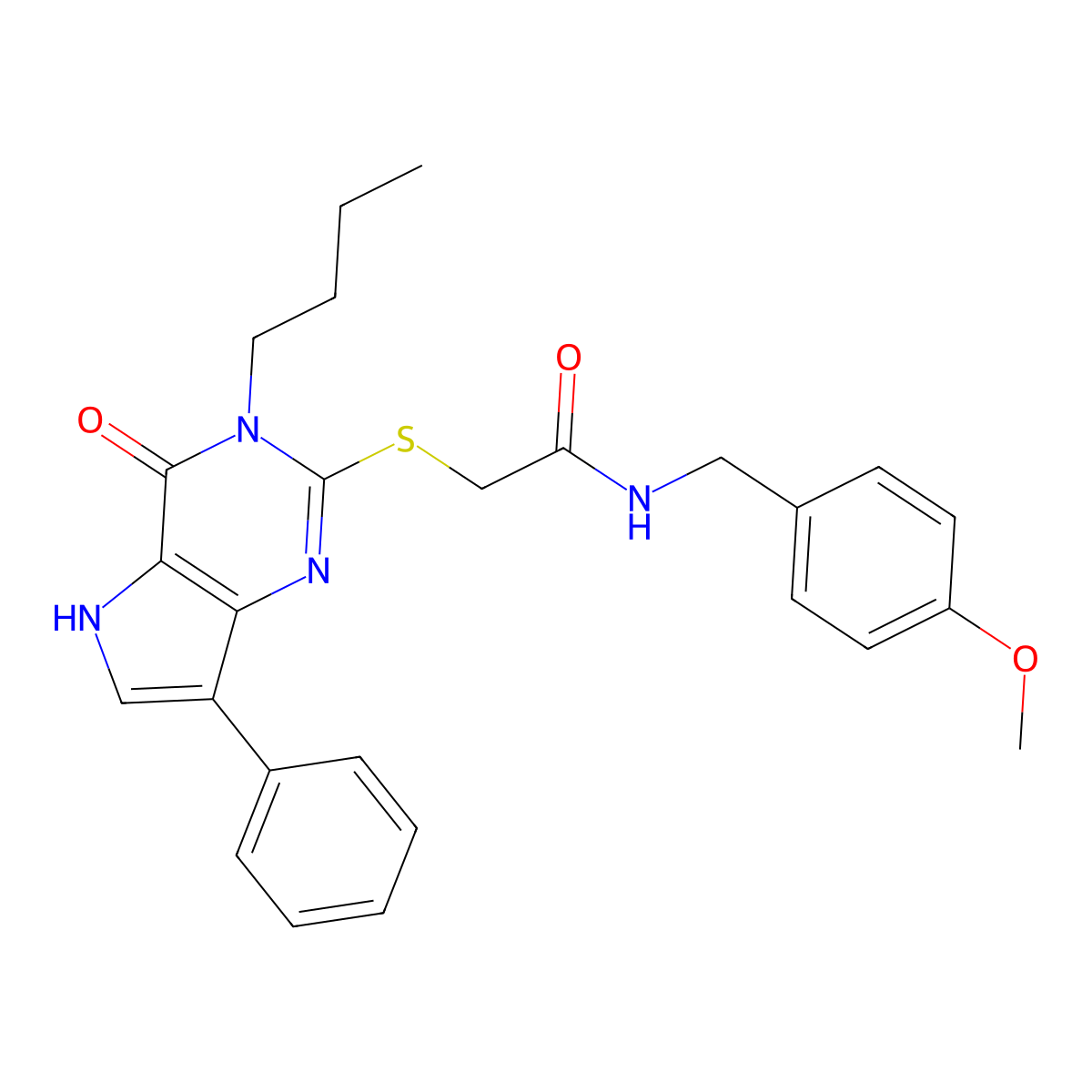 2-((3-butyl-4-oxo-7-phenyl-4,5-dihydro-3H-pyrrolo[3,2-d]pyrimidin-2-yl)thio)-N-(4-methoxybenzyl)acetamide molecular structure, CAS 1261011-08-8