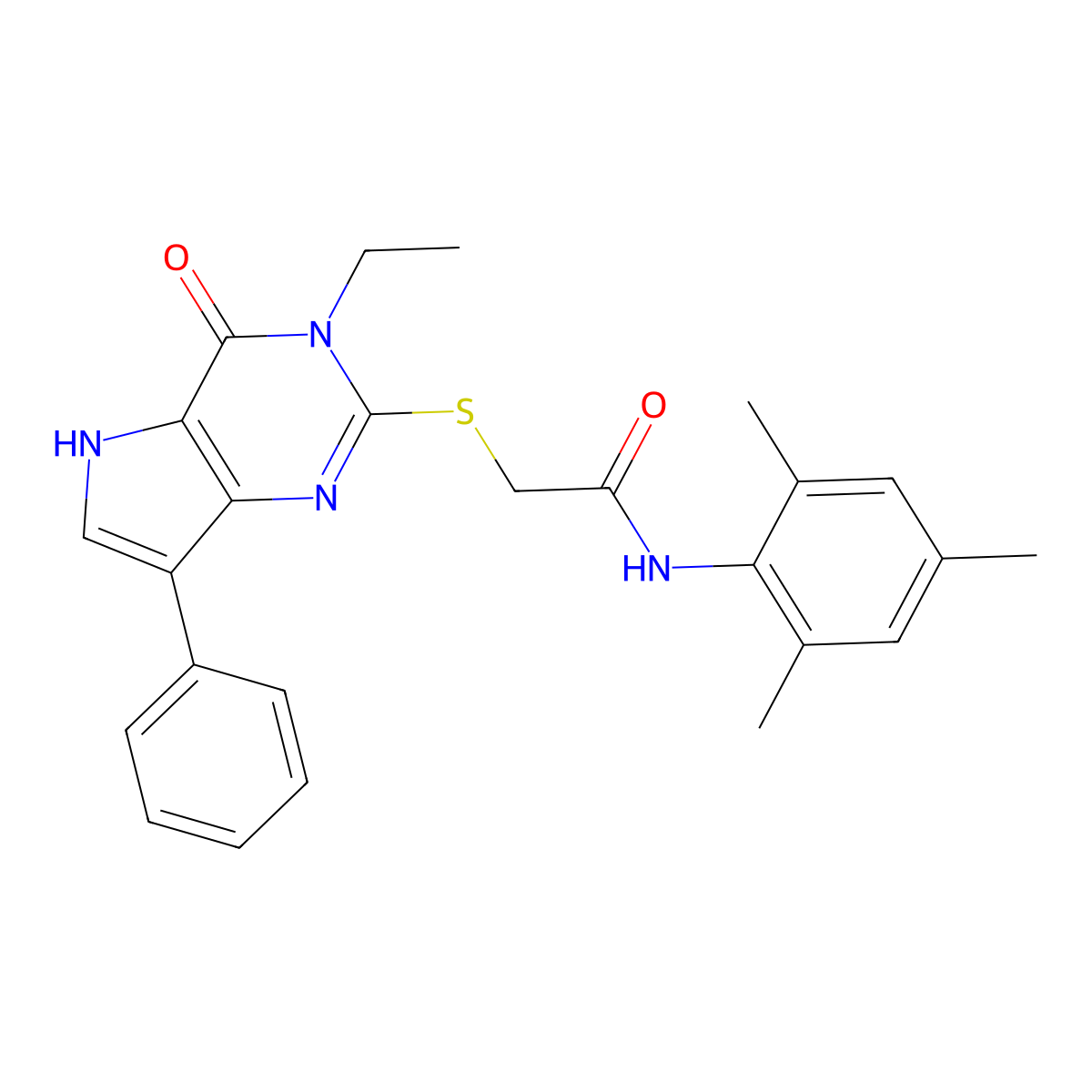 2-((3-ethyl-4-oxo-7-phenyl-4,5-dihydro-3H-pyrrolo[3,2-d]pyrimidin-2-yl)thio)-N-mesitylacetamide molecular structure, CAS 1261011-57-7