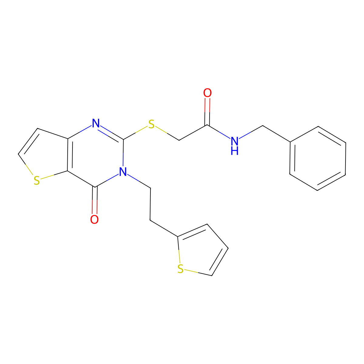 N-benzyl-2-({4-oxo-3-[2-(thiophen-2-yl)ethyl]-3,4-dihydrothieno[3,2-d]pyrimidin-2-yl}sulfanyl)acetamide molecular structure, CAS 1261012-12-7