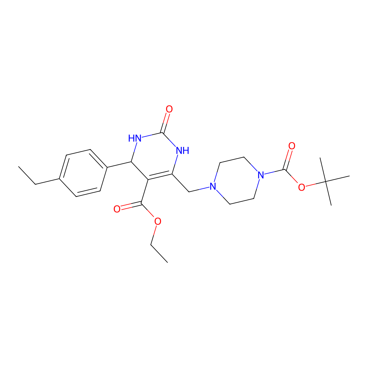 Ethyl 6-({4-[(tert-butoxy)carbonyl]piperazin-1-yl}methyl)-4-(4-ethylphenyl)-2-oxo-1,2,3,4-tetrahydropyrimidine-5-carboxylate molecular structure, CAS 1261021-46-8