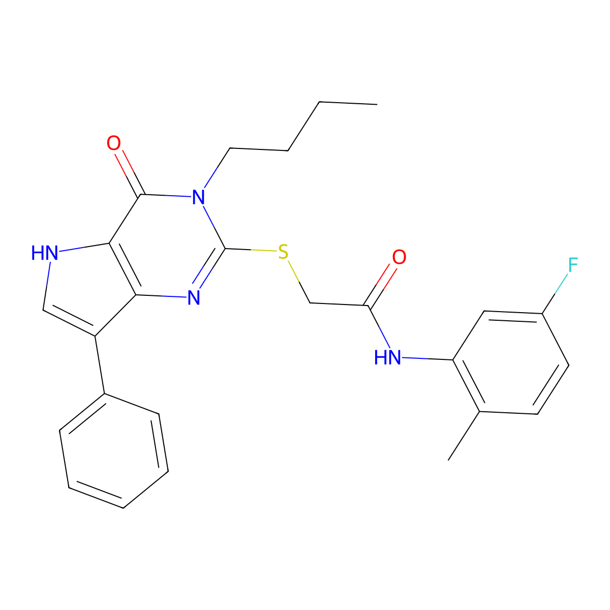 2-[(3-butyl-4-oxo-7-phenyl-4,5-dihydro-3H-pyrrolo[3,2-d]pyrimidin-2-yl)sulfanyl]-N-(5-fluoro-2-methylphenyl)acetamide molecular structure, CAS 1261021-49-1
