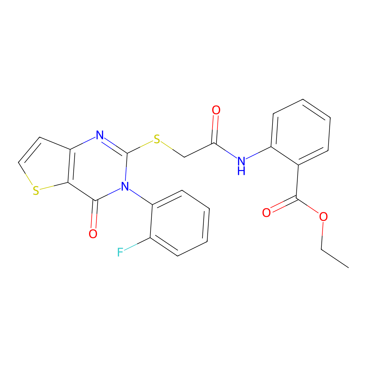 Ethyl 2-[({[3-(2-fluorophenyl)-4-oxo-3,4-dihydrothieno[3,2-d]pyrimidin-2-yl]sulfanyl}acetyl)amino]benzoate molecular structure, CAS 1261022-24-5