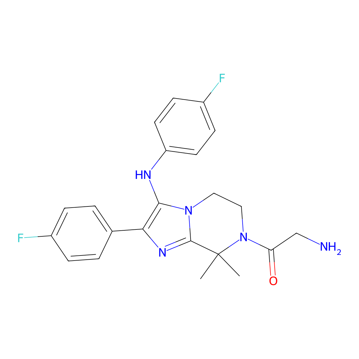 2-Amino-1-(2-(4-fluorophenyl)-3-((4-fluorophenyl)amino)-5,6-dihydro-8,8-dimethylimidazo(1,2-a)pyrazin-7(8H)-yl)ethanone molecular structure, CAS 1261113-96-5