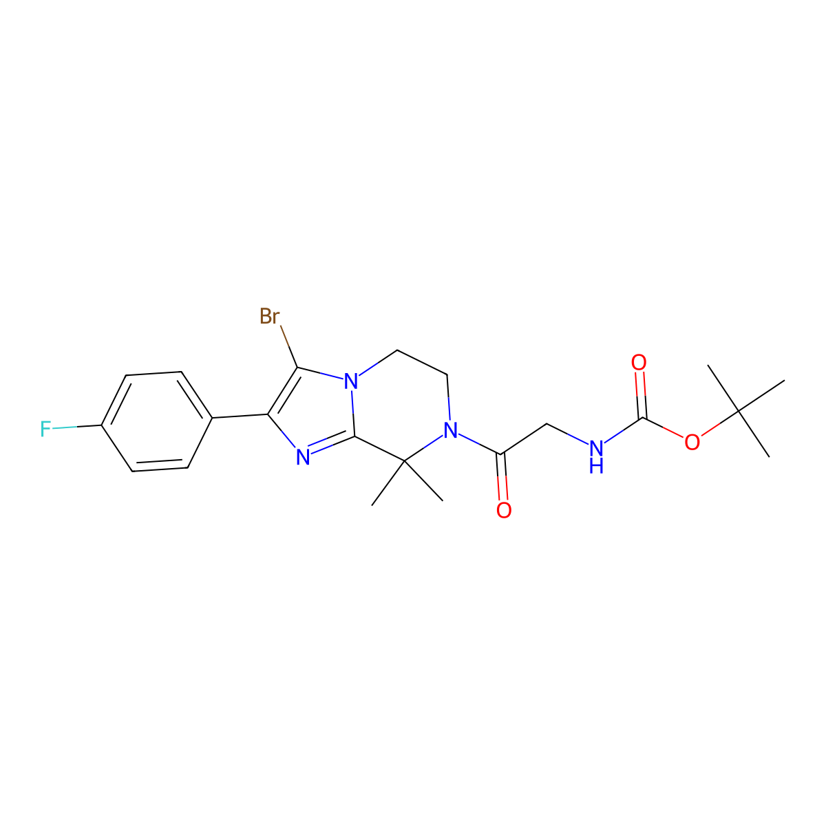 tert-Butyl (2-(3-bromo-2-(4-fluorophenyl)-8,8-dimethyl-5,6-dihydroimidazo[1,2-a]pyrazin-7(8H)-yl)-2-oxoethyl)carbamate molecular structure, CAS 1261117-66-1