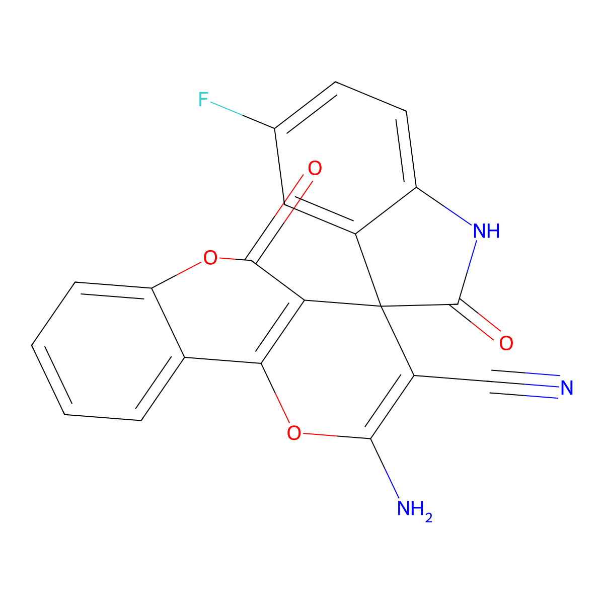 2'-amino-5-fluoro-2,5'-dioxospiro[1H-indole-3,4'-pyrano[3,2-c]chromene]-3'-carbonitrile molecular structure, CAS 126115-68-2