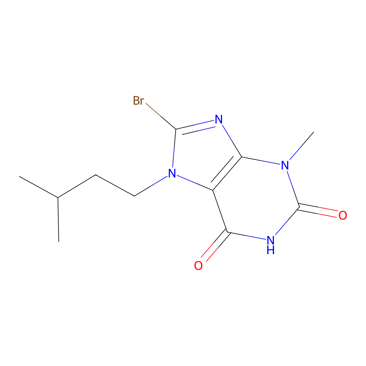 8-Bromo-7-isopentyl-3-methyl-1H-purine-2,6(3H,7H)-dione molecular structure, CAS 126118-55-6