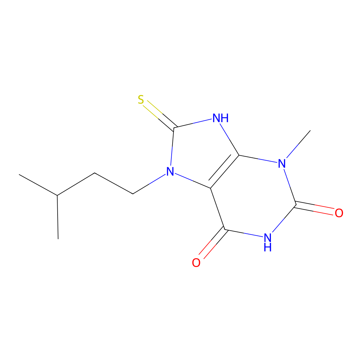 7-isopentyl-8-mercapto-3-methyl-1H-purine-2,6(3H,7H)-dione molecular structure, CAS 126118-61-4