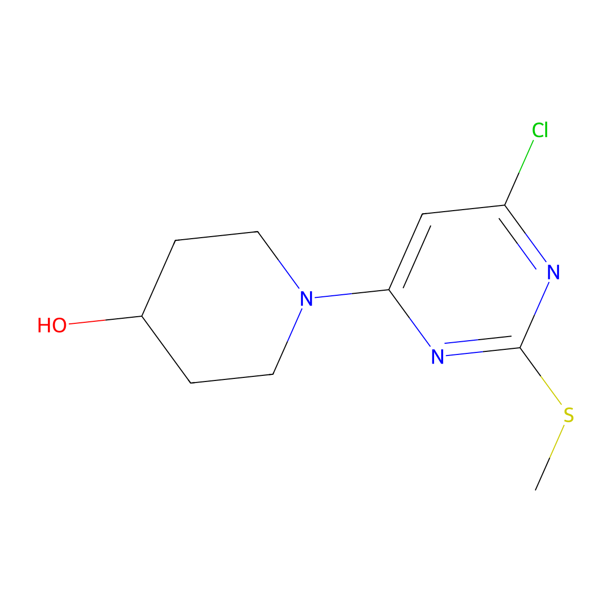 1-(6-Chloro-2-(methylthio)pyrimidin-4-yl)piperidin-4-ol molecular structure, CAS 1261231-33-7