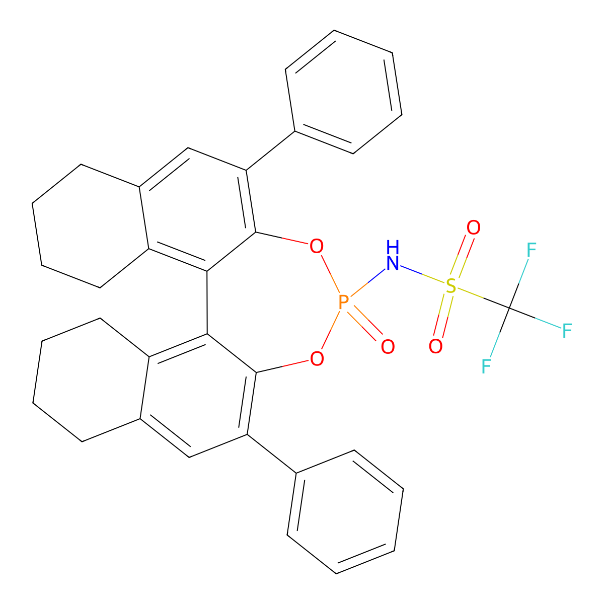 (11bR)-1,1,1-Trifluoro-N-(4-oxido-2,6-diphenyl-8,9,10,11,12,13,14,15-octahydrodinaphtho[2,1-d:1',2'-f][1,3,2]dioxaphosphepin-4-yl)methanesulfonamide molecular structure, CAS 1261302-62-8