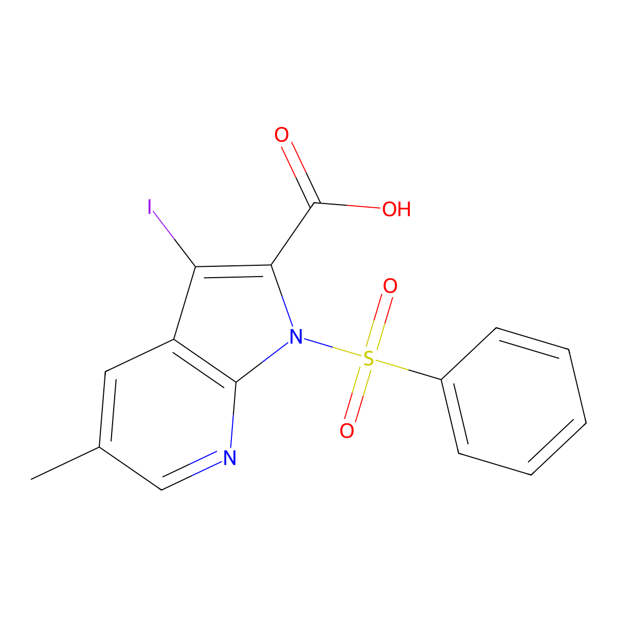 3-Iodo-5-methyl-1-(phenylsulfonyl)-1H-pyrrolo[2,3-b]pyridine-2-carboxylic acid molecular structure, CAS 1261365-69-8