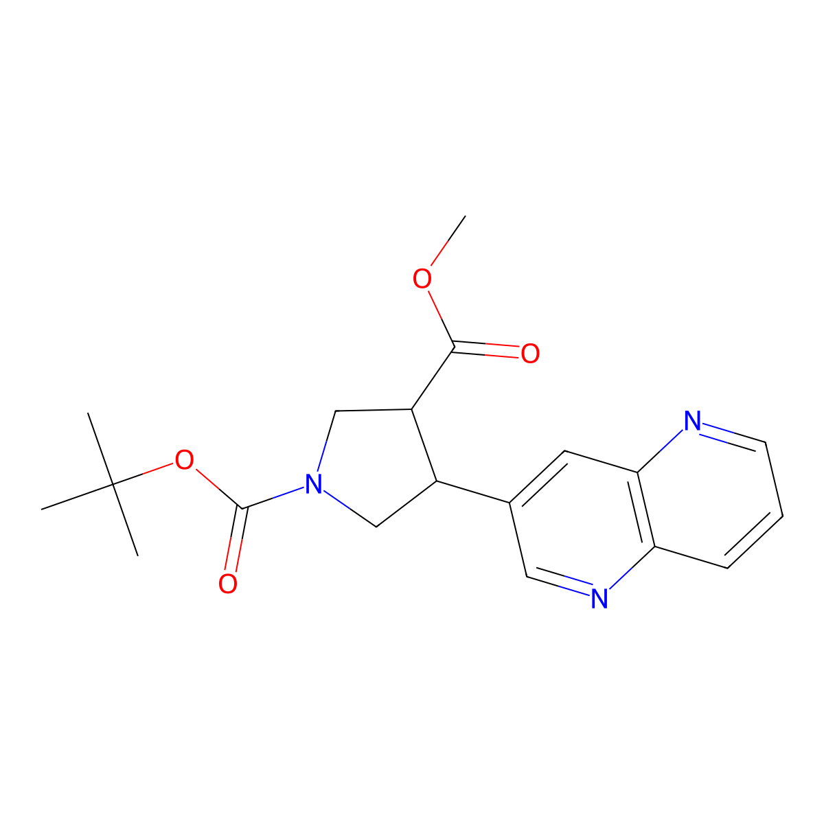 (rac)-trans-1-tert-Butyl 3-methyl 4-(1,5-naphthyridin-3-yl)pyrrolidine-1,3-dicarboxylate molecular structure, CAS 1261365-91-6