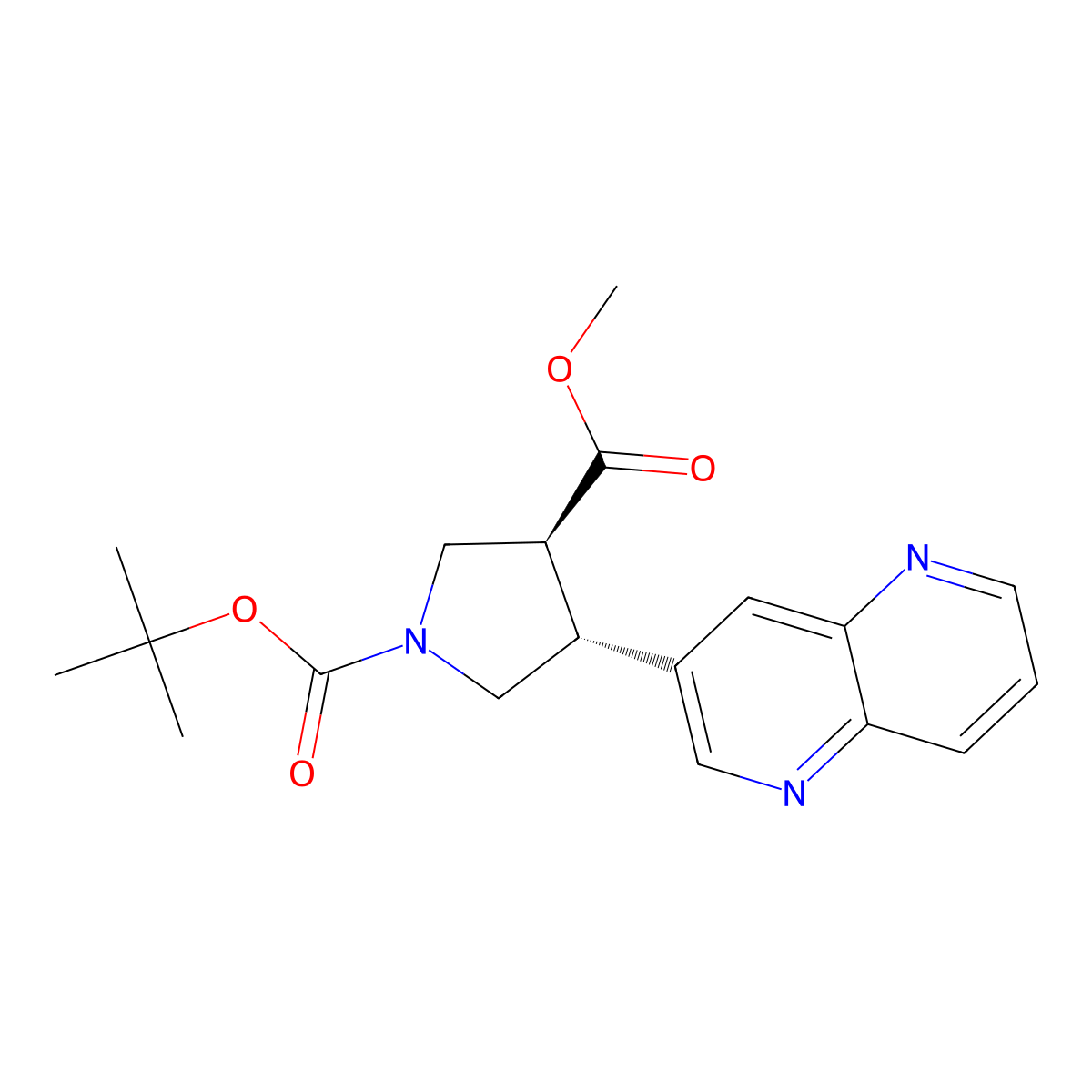 (rac)-trans-1-tert-Butyl 3-methyl 4-(1,5-naphthyridin-3-yl)pyrrolidine-1,3-dicarboxylate molecular structure, CAS 1261365-91-6