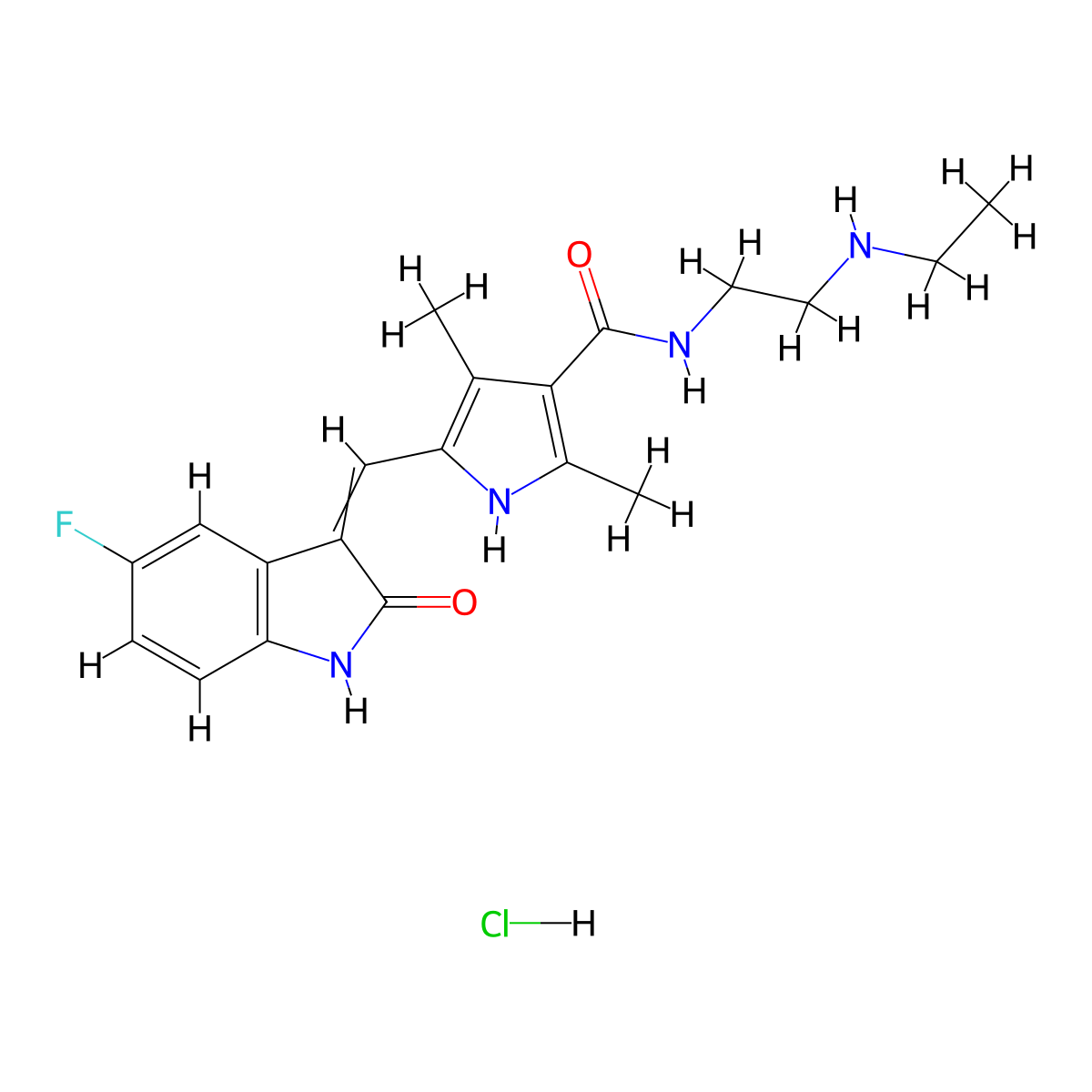 N-[2-(ethylamino)ethyl]-5-[(5-fluoro-2-oxo-1H-indol-3-ylidene)methyl]-2,4-dimethyl-1H-pyrrole-3-carboxamide;hydrochloride molecular structure, CAS 1261432-05-6