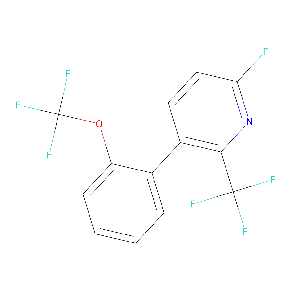 Pyridine, 6-fluoro-3-[2-(trifluoromethoxy)phenyl]-2-(trifluoromethyl)- molecular structure, CAS 1261509-44-7