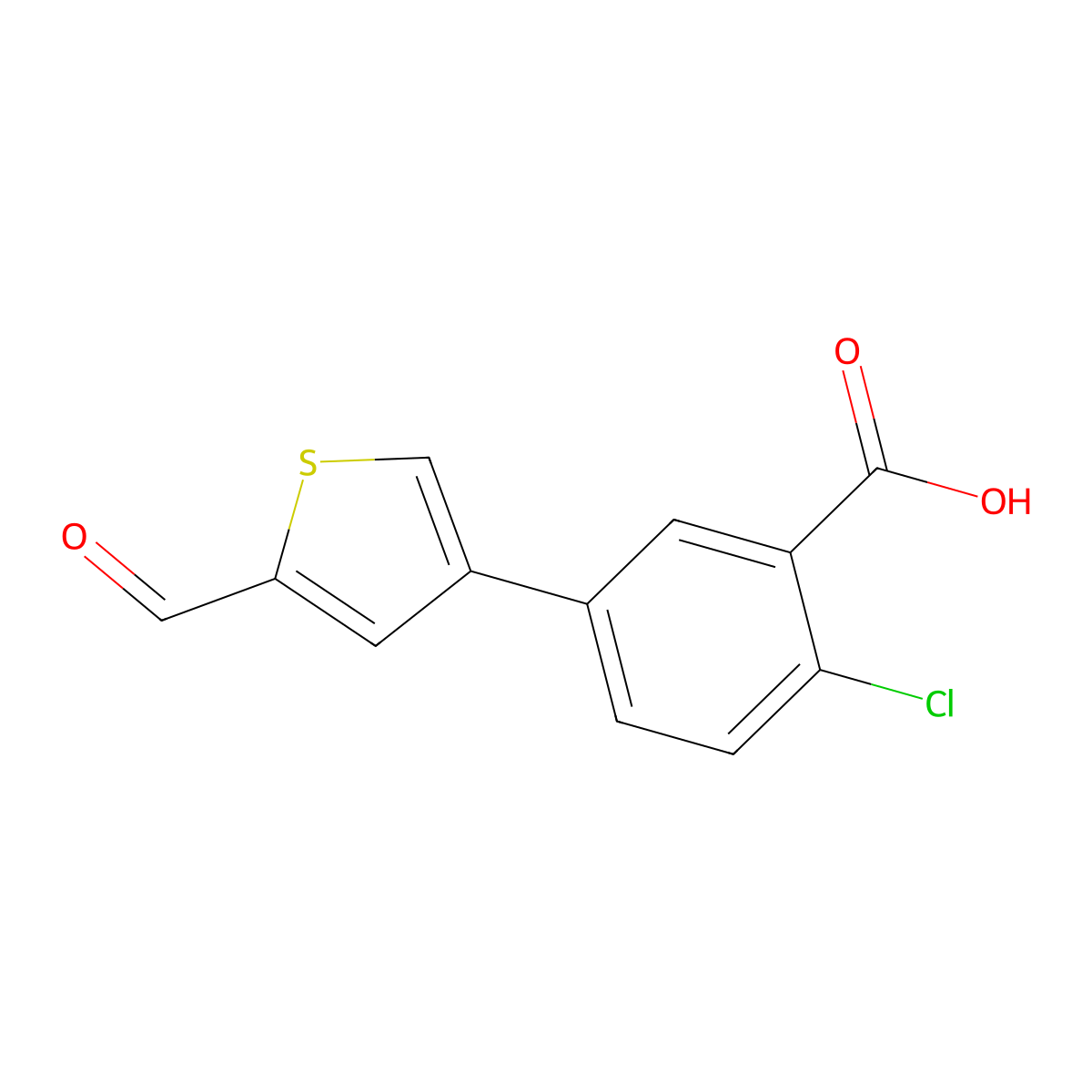 2-Chloro-5-(5-formylthiophen-3-yl)benzoic acid molecular structure, CAS 1261961-59-4