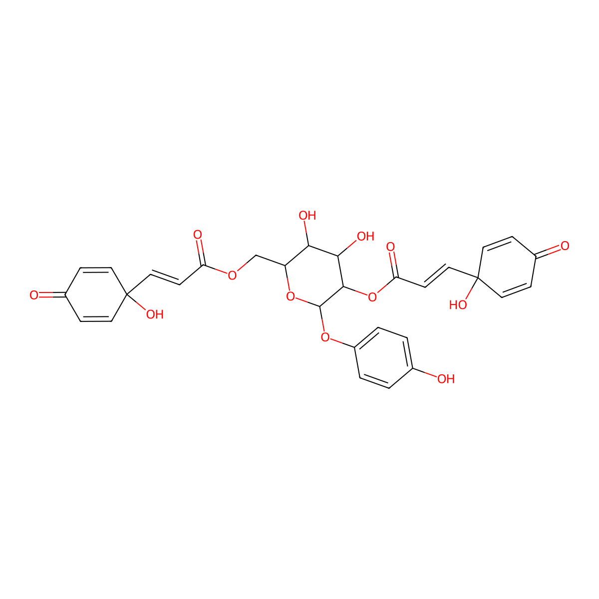 beta-D-Glucopyranoside, 4-hydroxyphenyl, 2,6-bis((2E)-3-(1-hydroxy-4-oxo-2,5-cyclohexadien-1-yl)-2-propenoate) molecular structure, CAS 1262023-42-6