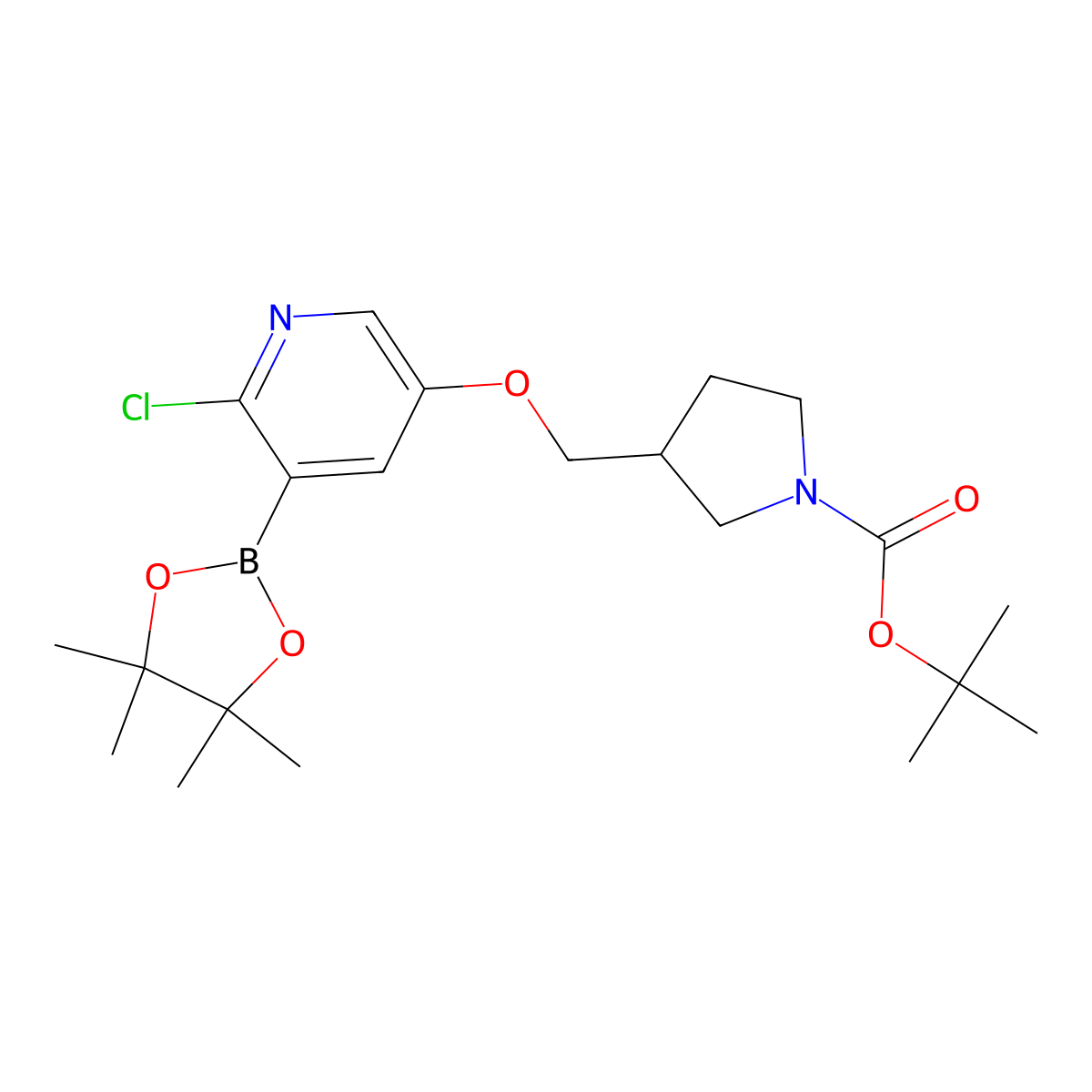 tert-Butyl 3-(((6-chloro-5-(4,4,5,5-tetramethyl-1,3,2-dioxaborolan-2-yl)pyridin-3-yl)oxy)methyl)pyrrolidine-1-carboxylate molecular structure, CAS 1262133-83-4