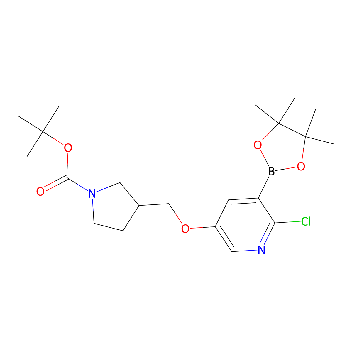 tert-Butyl 3-(((6-chloro-5-(4,4,5,5-tetramethyl-1,3,2-dioxaborolan-2-yl)pyridin-3-yl)oxy)methyl)pyrrolidine-1-carboxylate molecular structure, CAS 1262133-83-4