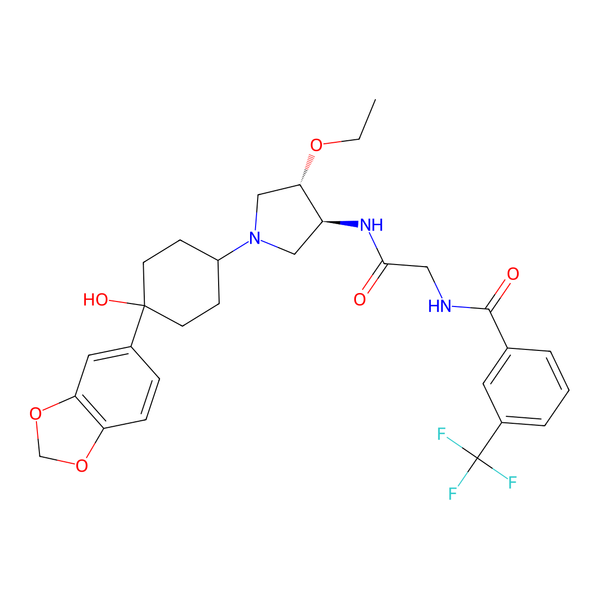 N-(2-(((3S,4S)-1-(4-(Benzo[d][1,3]dioxol-5-yl)-4-hydroxycyclohexyl)-4-ethoxypyrrolidin-3-yl)amino)-2-oxoethyl)-3-(trifluoromethyl)benzamide molecular structure, CAS 1262238-11-8