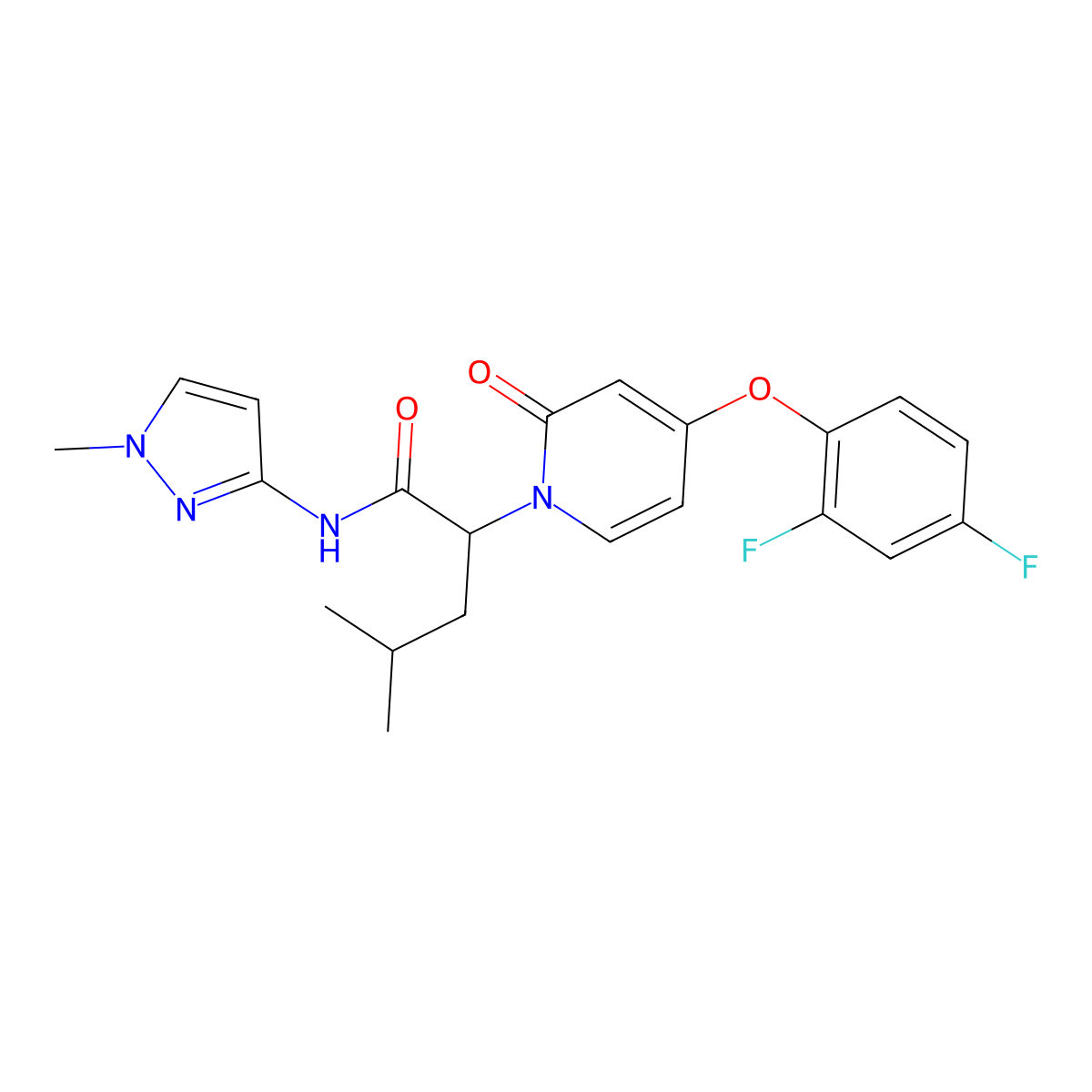 2-(4-(2,4-Difluorophenoxy)-2-oxopyridin-1(2H)-yl)-4-methyl-N-(1-methyl-1H-pyrazol-3-yl)pentanamide molecular structure, CAS 1262239-23-5