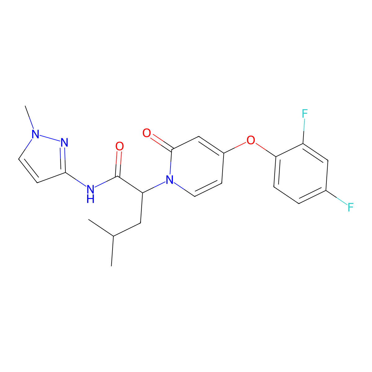2-(4-(2,4-Difluorophenoxy)-2-oxopyridin-1(2H)-yl)-4-methyl-N-(1-methyl-1H-pyrazol-3-yl)pentanamide molecular structure, CAS 1262239-23-5