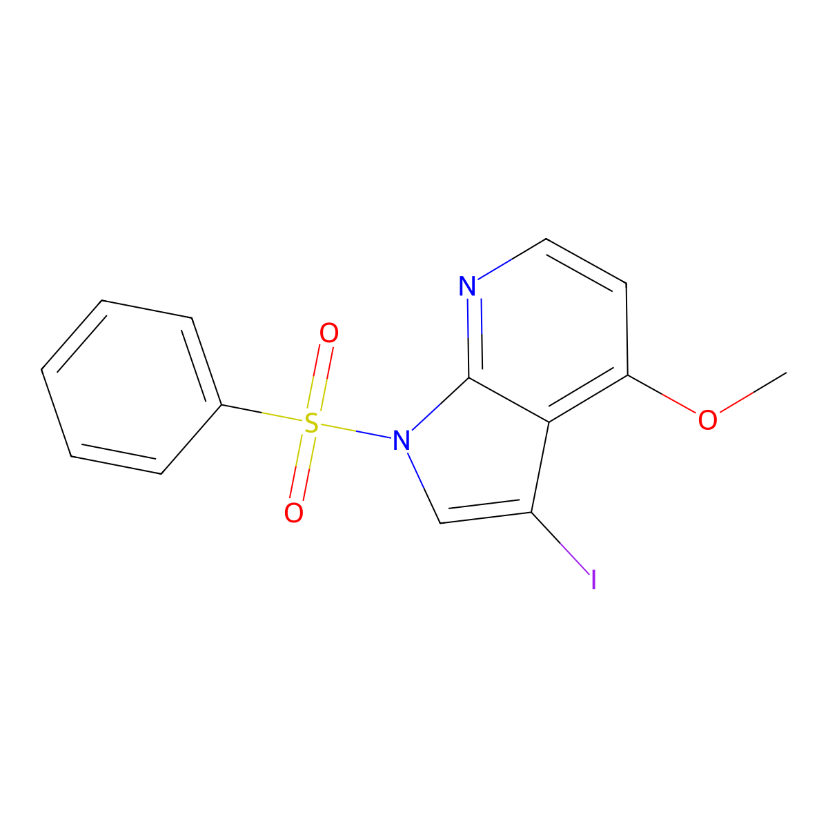 1-(benzenesulfonyl)-3-iodo-4-methoxy-1H-pyrrolo[2,3-b]pyridine molecular structure, CAS 1262295-00-0