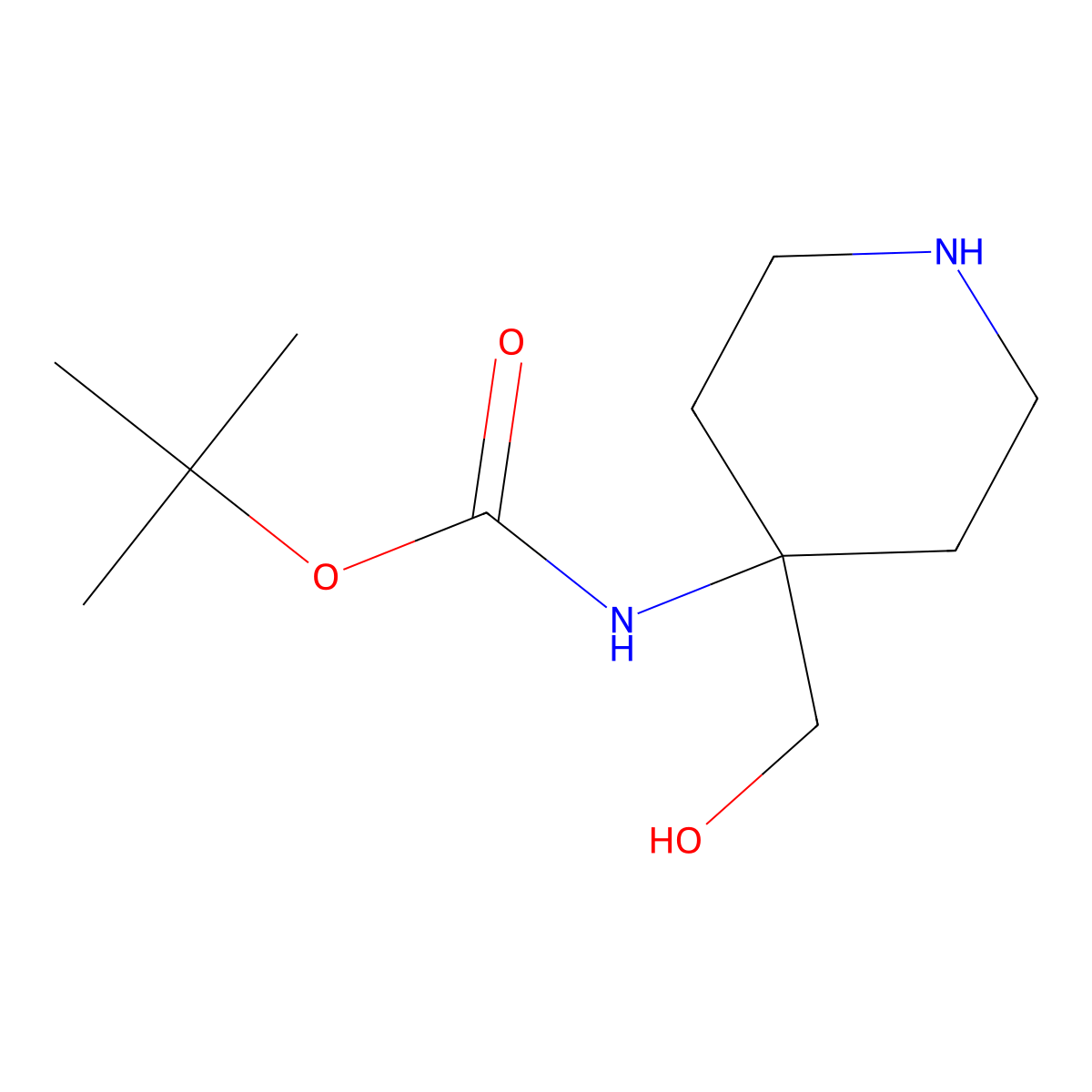 tert-Butyl (4-(hydroxymethyl)piperidin-4-yl)carbamate molecular structure, CAS 1262408-81-0