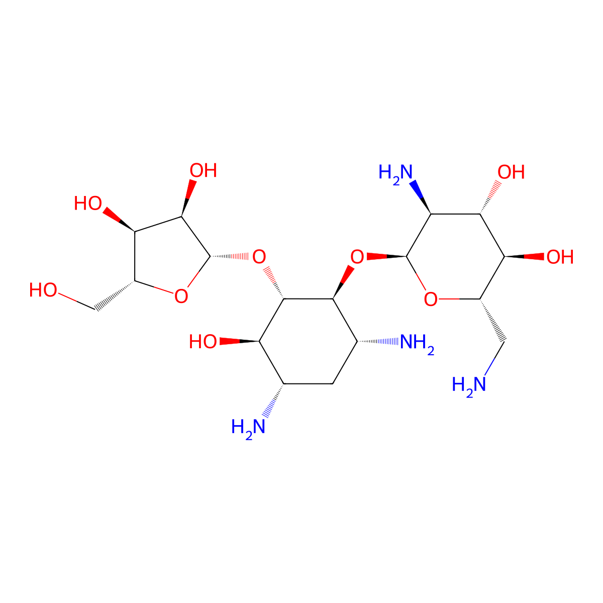 (2S,3R,4S,5S,6S)-5-Amino-2-(aminomethyl)-6-(((1S,2S,3R,4S,6R)-4,6-diamino-2-(((2S,3R,4S,5R)-3,4-dihydroxy-5-(hydroxymethyl)tetrahydrofuran-2-yl)oxy)-3-hydroxycyclohexyl)oxy)tetrahydro-2H-pyran-3,4-diol molecular structure, CAS 1262750-49-1